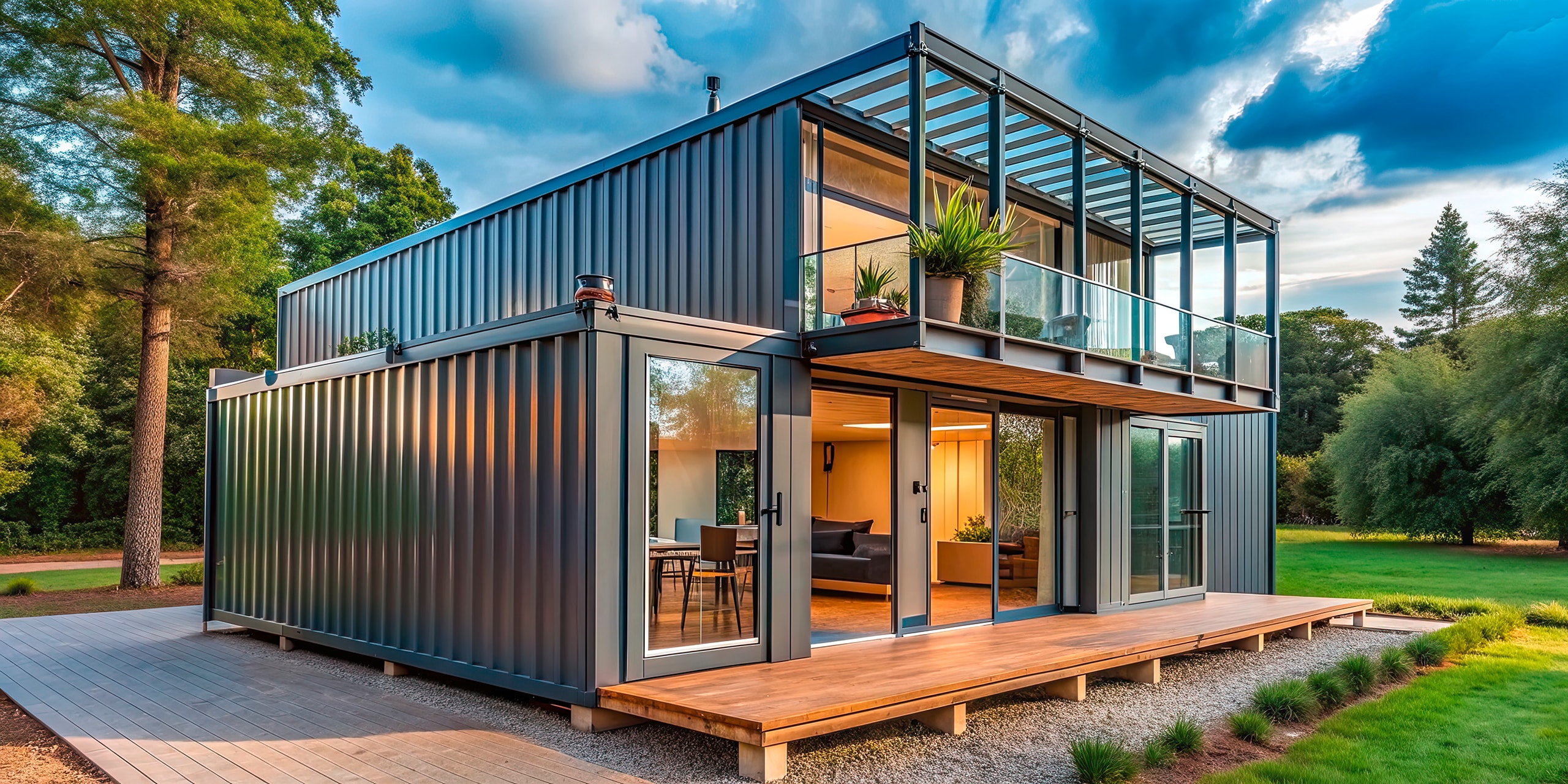 Modernes, zweistöckiges Wohngebäude mit Balkon aus Schiffscontainer in Anthrazit und Holzterrasse in großem Garten mit Bäumen.