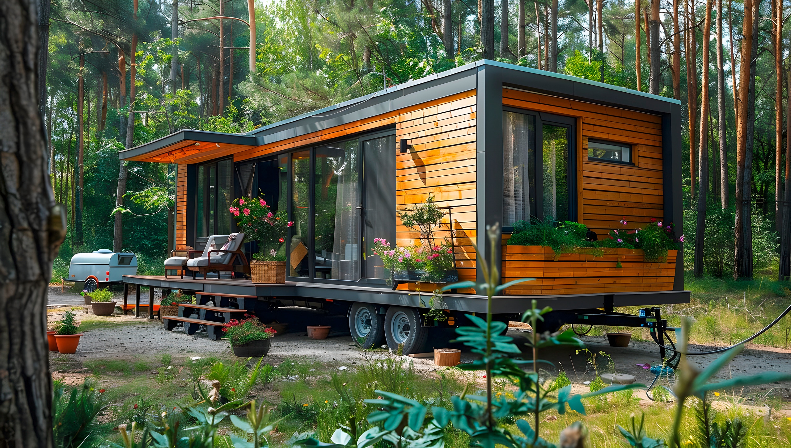 Gemütliches, modernes Tiny House auf mobilem Fahrgestell in einer üppigen Waldlandschaft mit Holzfassade und großen Fenstern, die viel Tageslicht hereinlassen.