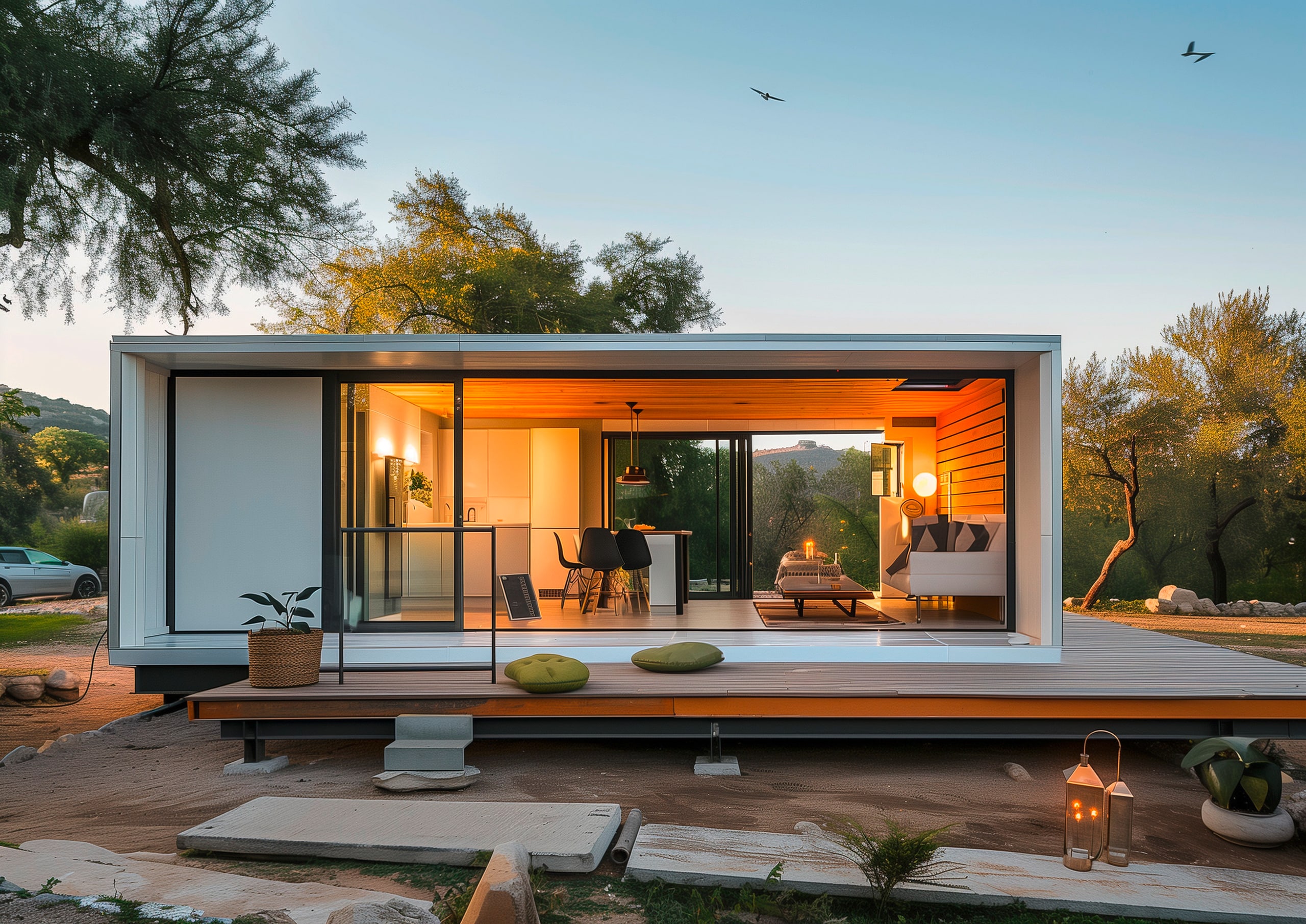 Luxuriöses, modernes Mobile Home mit hochwertiger Ausstattung, weißer Fassade, Flachdach, großzügiger Verglasung und Fensterbereichen in der Natur.