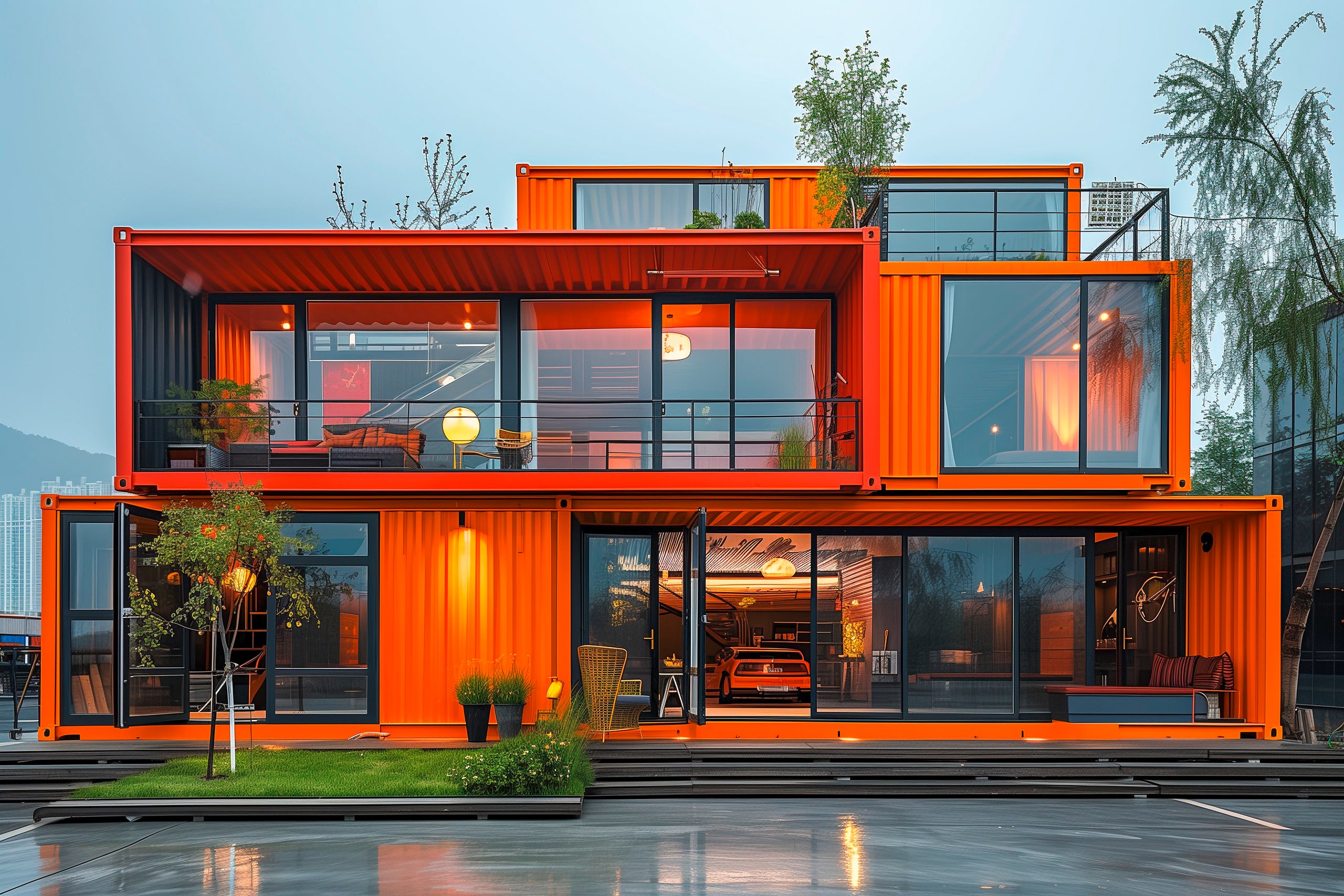 Zweistöckiges modern modulares Haus aus Schiffscontainern bei Regenwetter mit attraktiver Innenbeleuchtung.