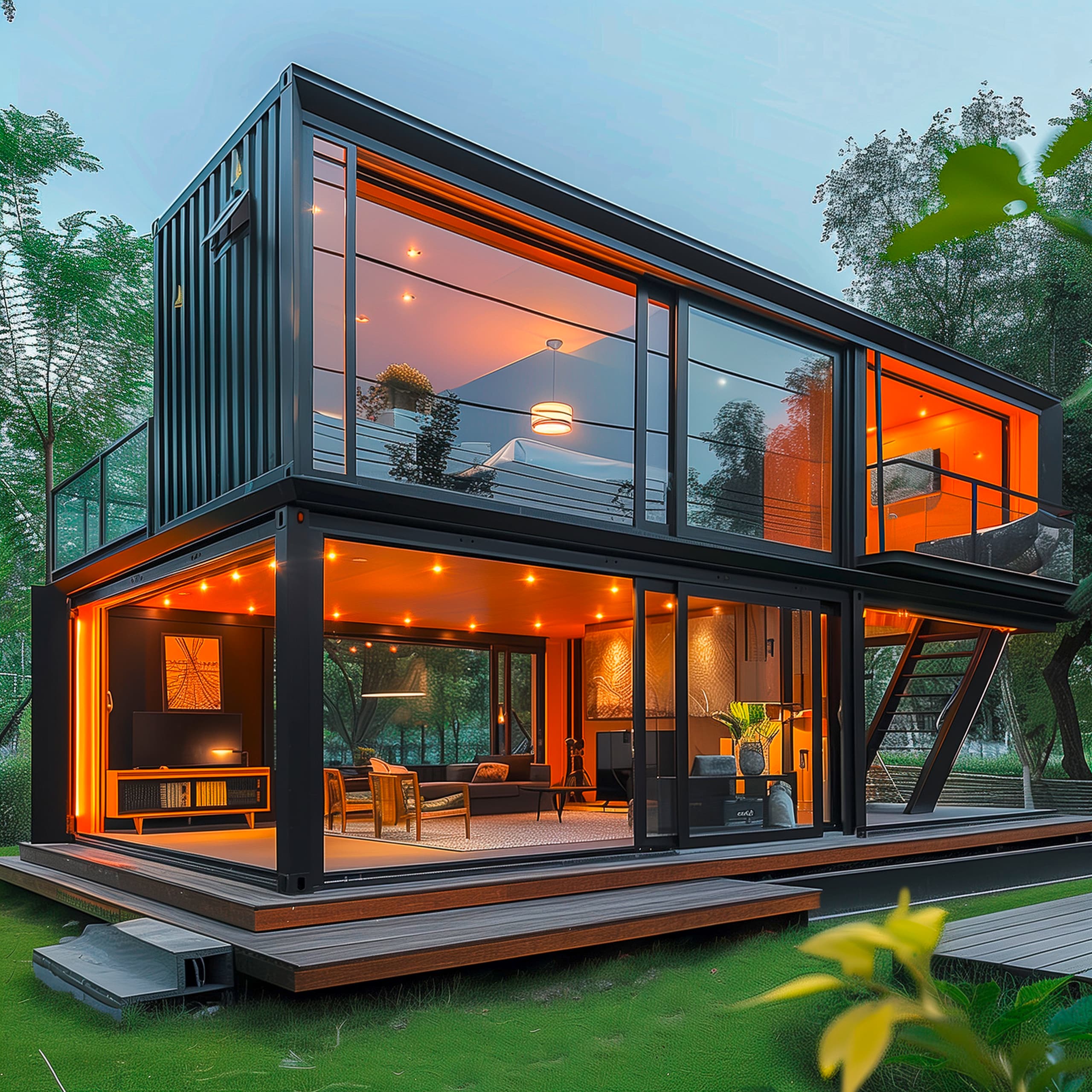 Zweistöckiges modern modulares Haus aus Schiffscontainern in der Abenddämmerung mit attraktiver Innenbeleuchtung.