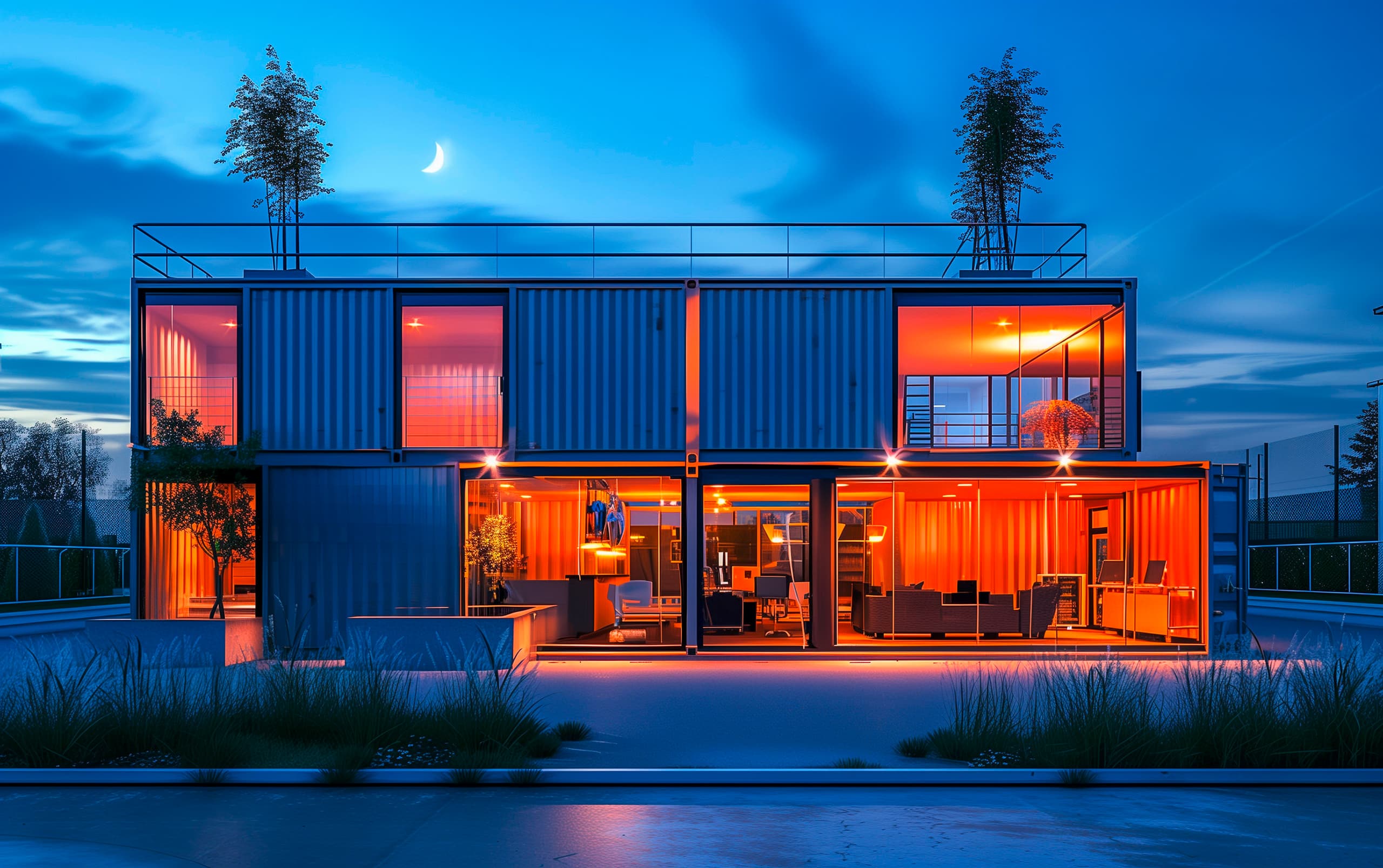 Zweistöckiges modern modulares Haus aus Schiffscontainern in der Abenddämmerung mit attraktiver Innenbeleuchtung.