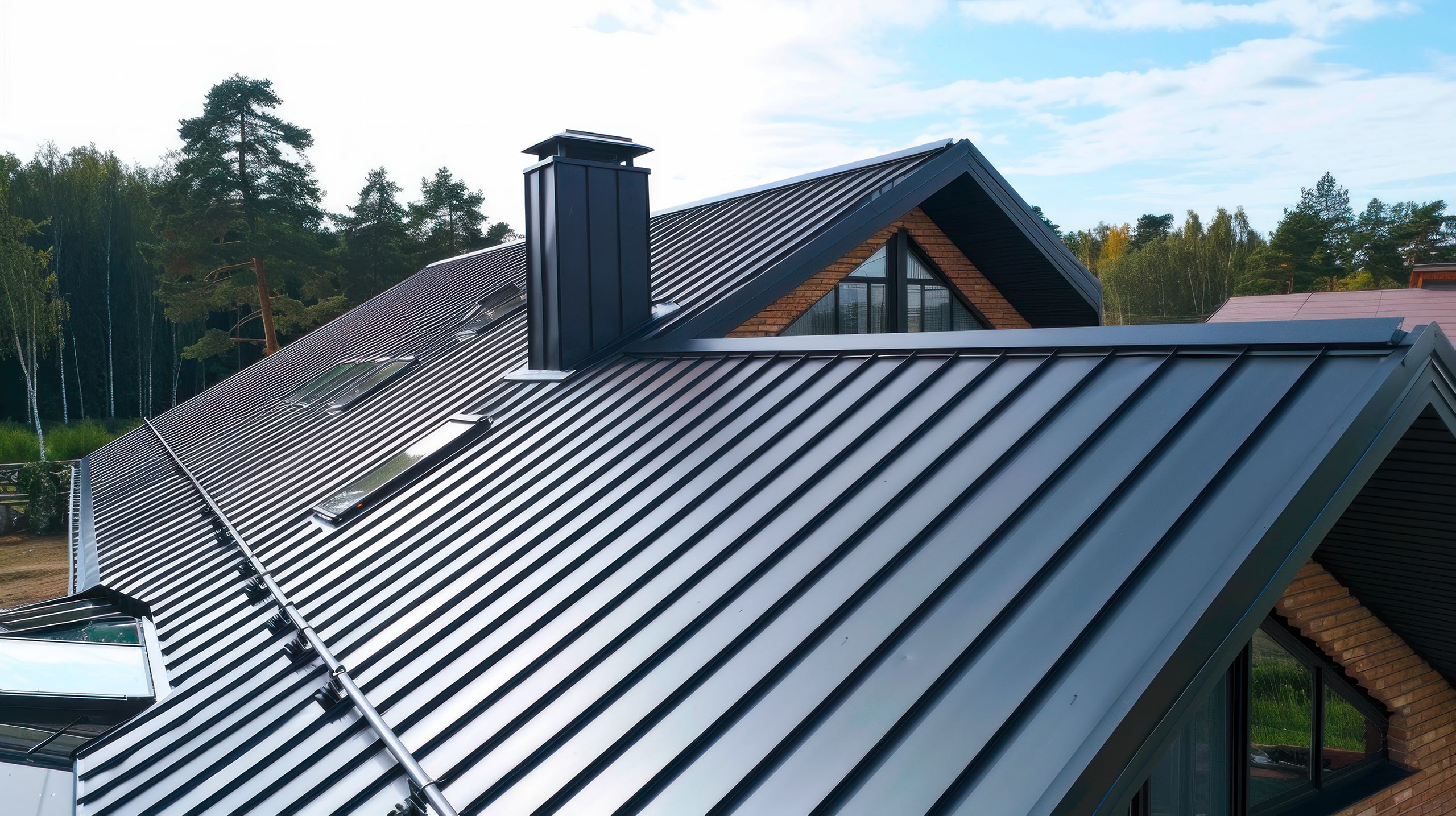 Detailbild eines modernen Daches in Anthrazit mit sauber verlegten Metallbahnen als Dachdeckung inkl. Einfassung des Kamins bzw. Schornsteins via eines Spenglers.