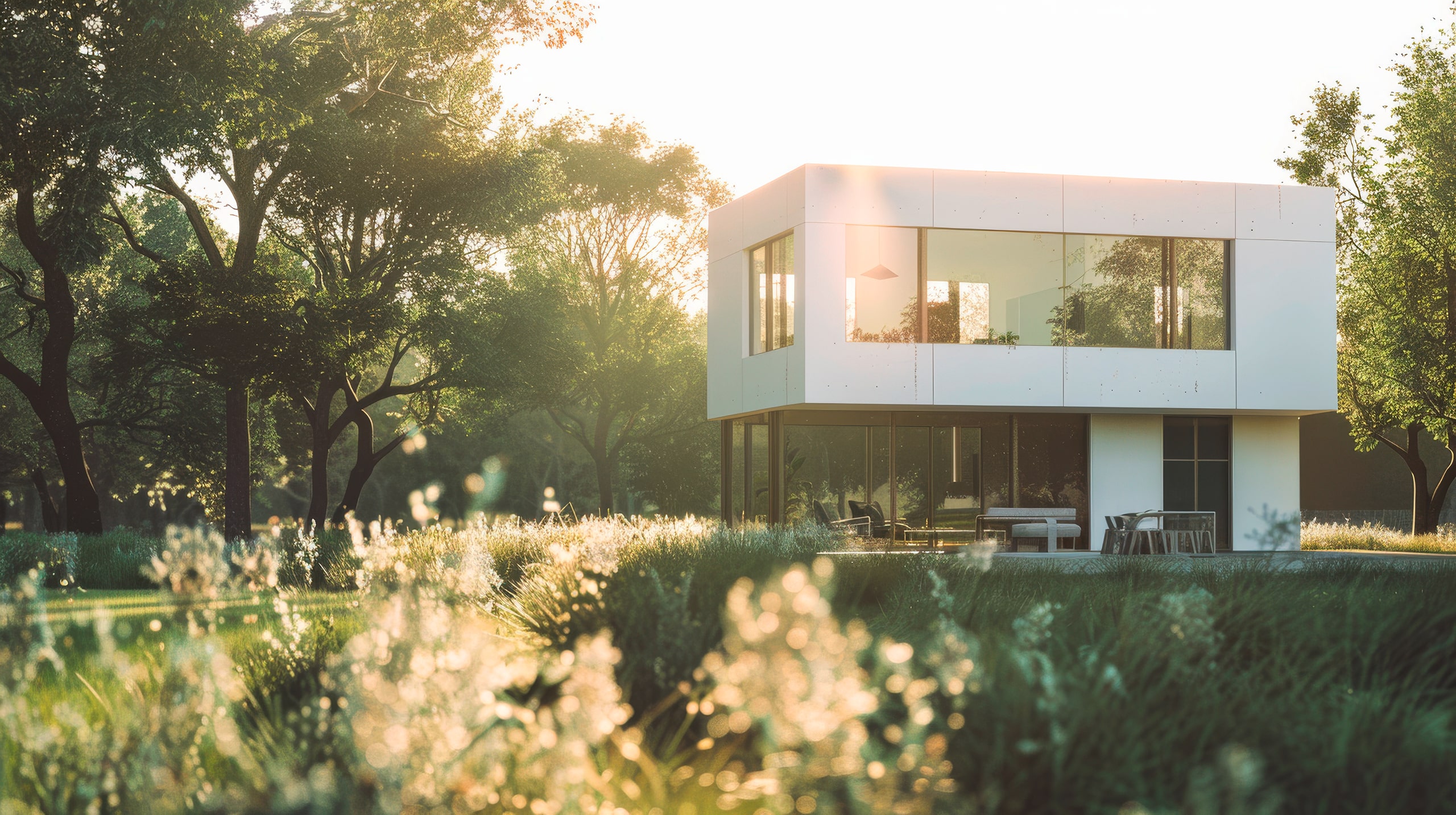 Modernes, minimalistisches Haus inmitten üppiger grüner Felder, getaucht in sanftes, goldenes Sonnenlicht, das einen friedlichen, idyllischen Rückzugsort darstellt.