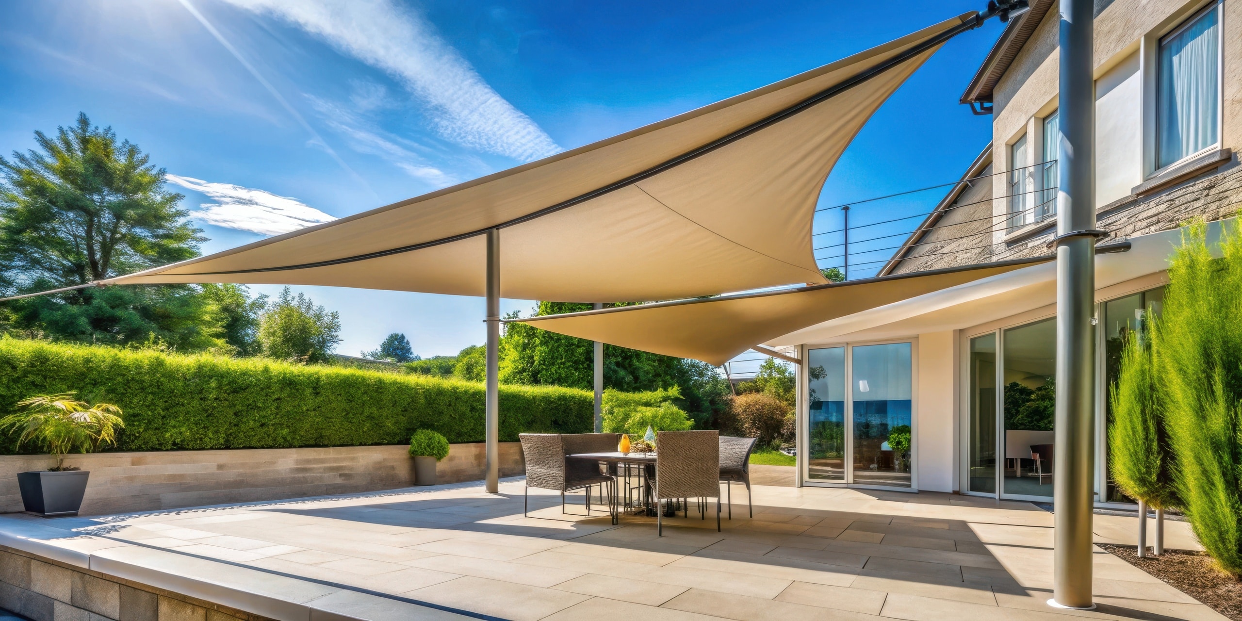 2-flügeliges Sonnensegel mit Stahlstützen auf einer modernen Terrasse platziert.