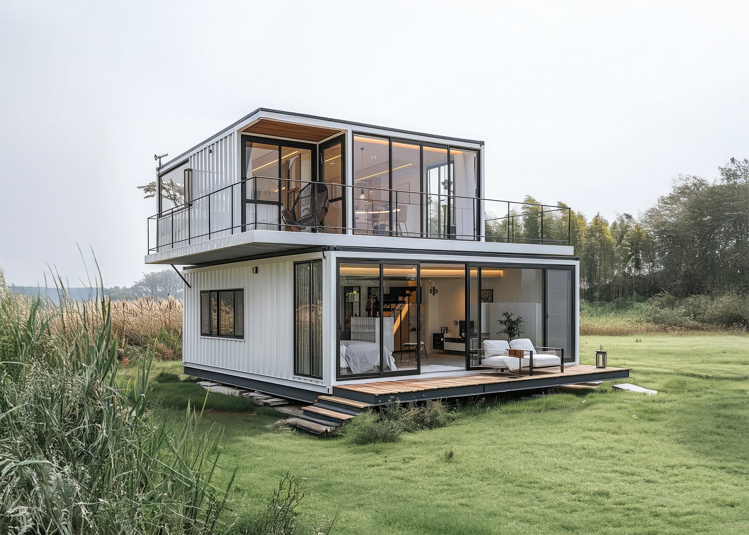 Zweistöckiges Containerhaus mit erweiterter Stahlrahmenkonstruktion, Glasfenster weißen Außenwänden vor einem natürlichen Graslandschaft mit Schilf.