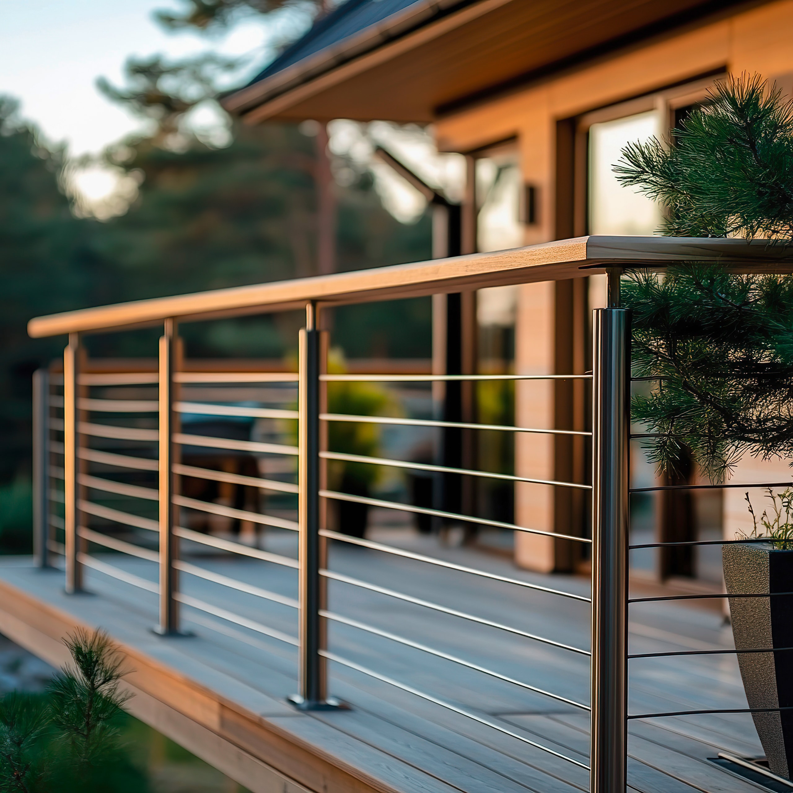 Stilvolle Balustrade mit dezenten Metallpfosten und Holzgeländer mit Blick auf den malerischen Außenbereich Heruntergeladen Stilvolle Balustrade mit dezenten Metallpfosten und Holzgeländer mit Blick auf den malerischen Außenbereich.