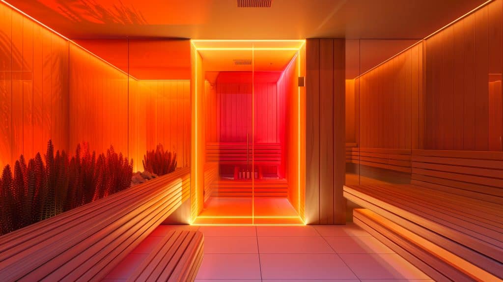 Moderne, großzügige Infrarotlicht-Sauna mit beleuchtetem Innenraum und Sitzbänken aus Holz.