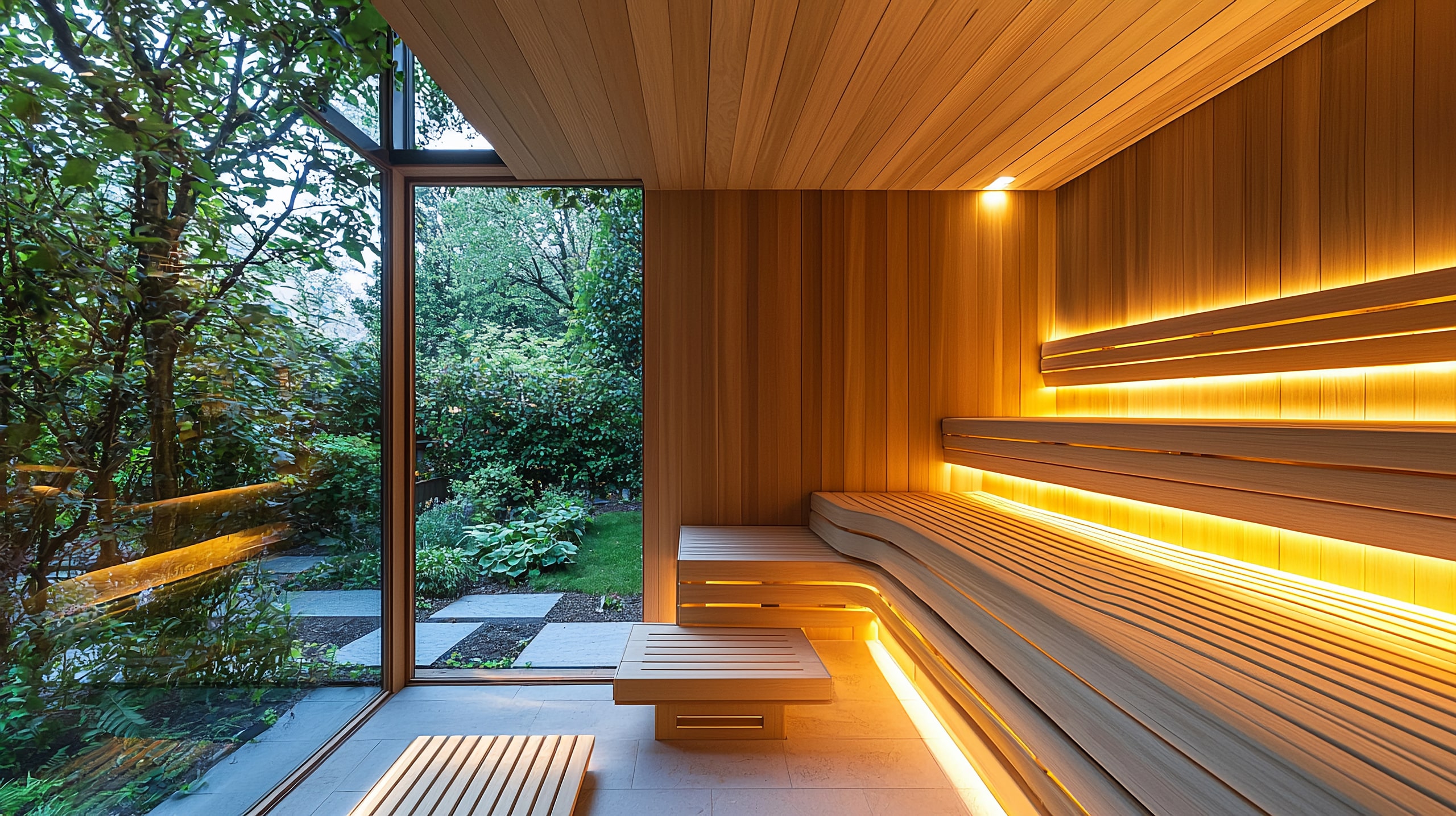 Moderne Holzsauna mit großflächiger Verglasung und herrlichem Blick in den grünen Garten.