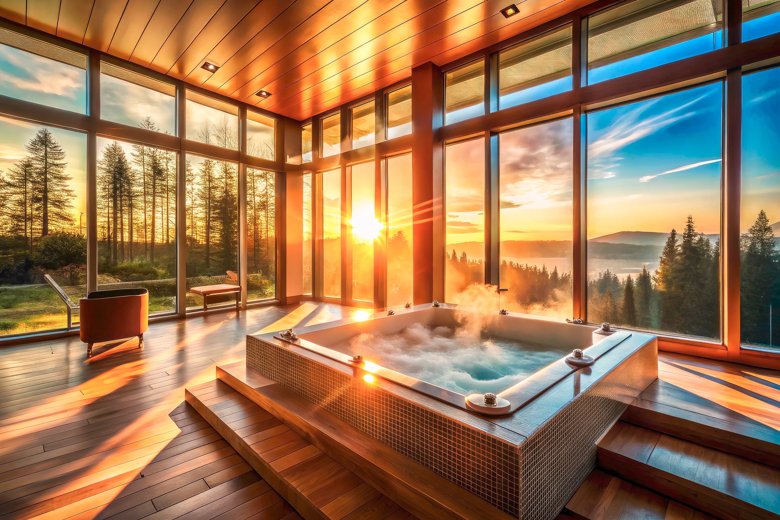 Luxuriöser Indoor-Whirlpool mit Mosaikfliesen auf einem Holzpodest in einem großzügigem Raum eines Spa-Bereiches mit herrlichem Blick durch die hohen Fensterflächen in den Sonnenuntergang mit Sicht auf die Berge.
