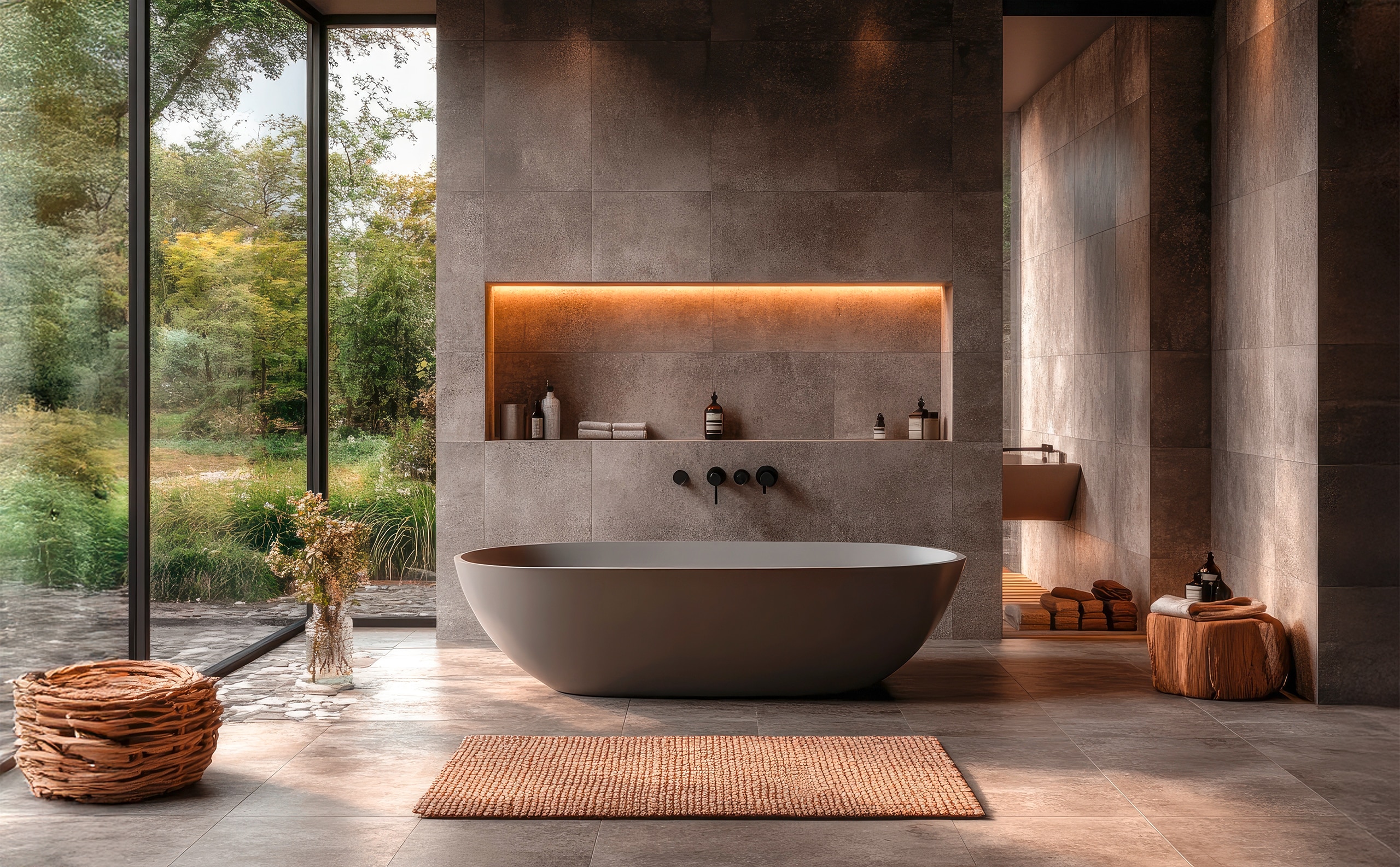 Modernes minimalistisches Badezimmer mit freistehender Badewanne und großem Fenster mit Blick in die Natur.