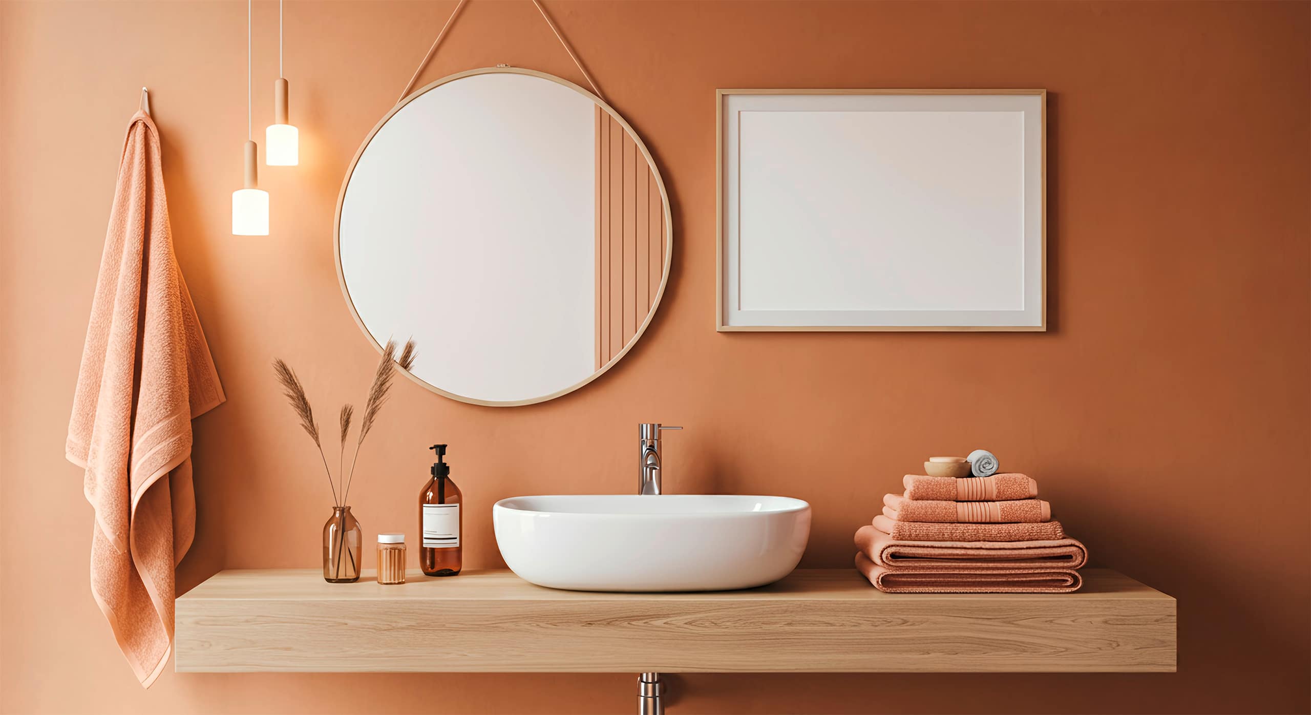 Detqailbild des modernen Waschtisches in einem Badezimmers mit Handtüchern, rundem Wandspiegel und Accessoires auf der Ablage aus hellem Holz.