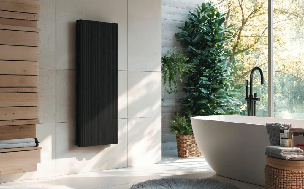 Modernes Badezimmer mit mattschwarzem Heizgerät für die Elektro-Speicherheizung und luxuriöser freistehender Badewanne.