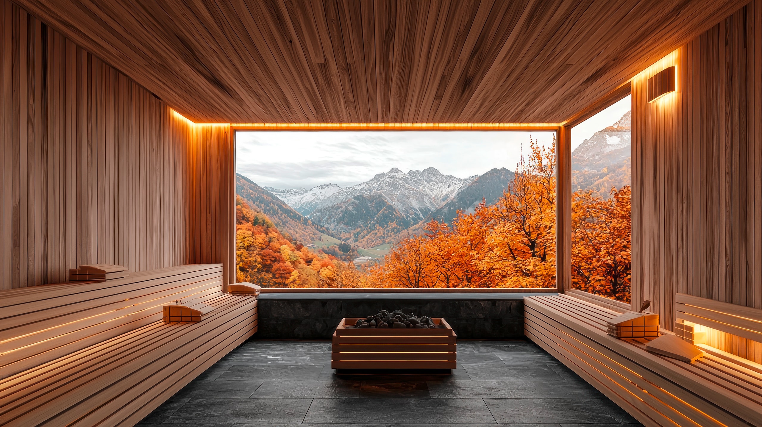 Moderne Holzsauna mit großflächiger Verglasung und herrlichem Blick in die verschneite Bergwelt in Abendstimmung.