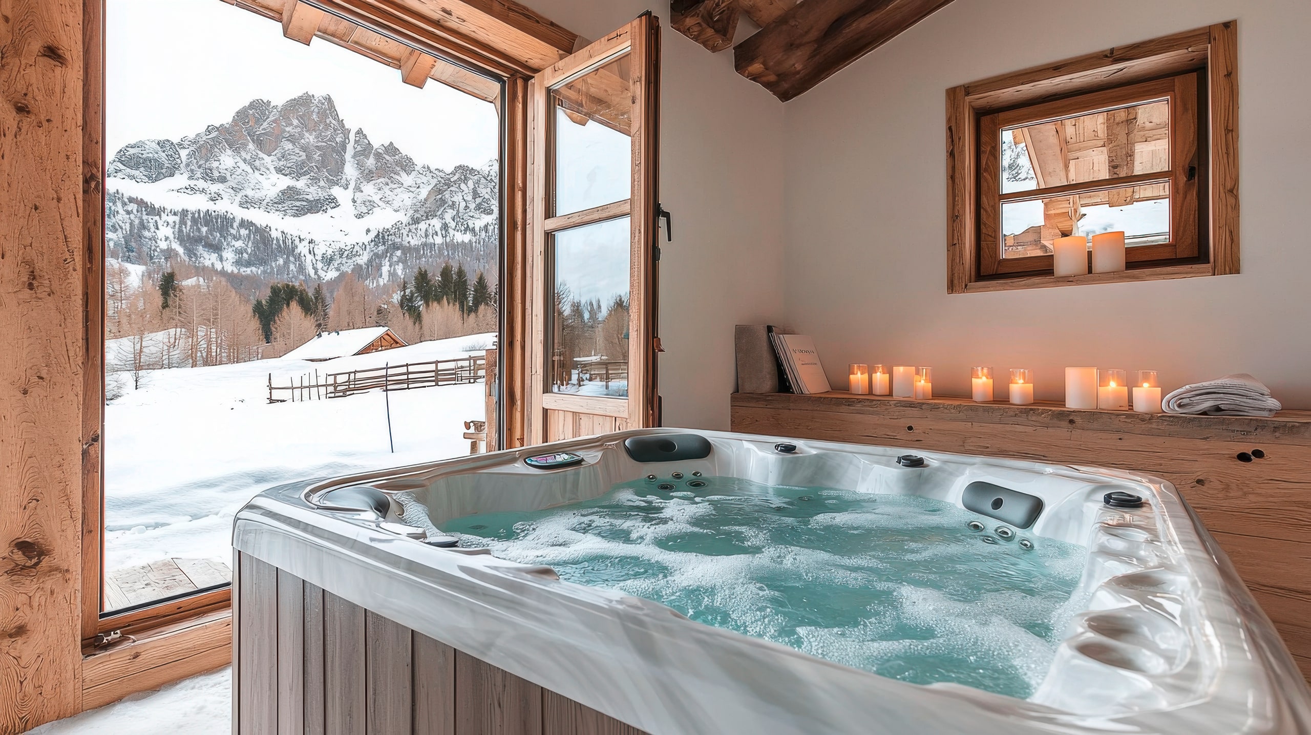 Gemütlicher Whirlpool zur Entspannung im Innenbereich eines Spa-Bereiches eines gemütlichen Berg-Chalets mit Blick auf die schneebedeckten Berge und Kerzenlicht-Ambiente.