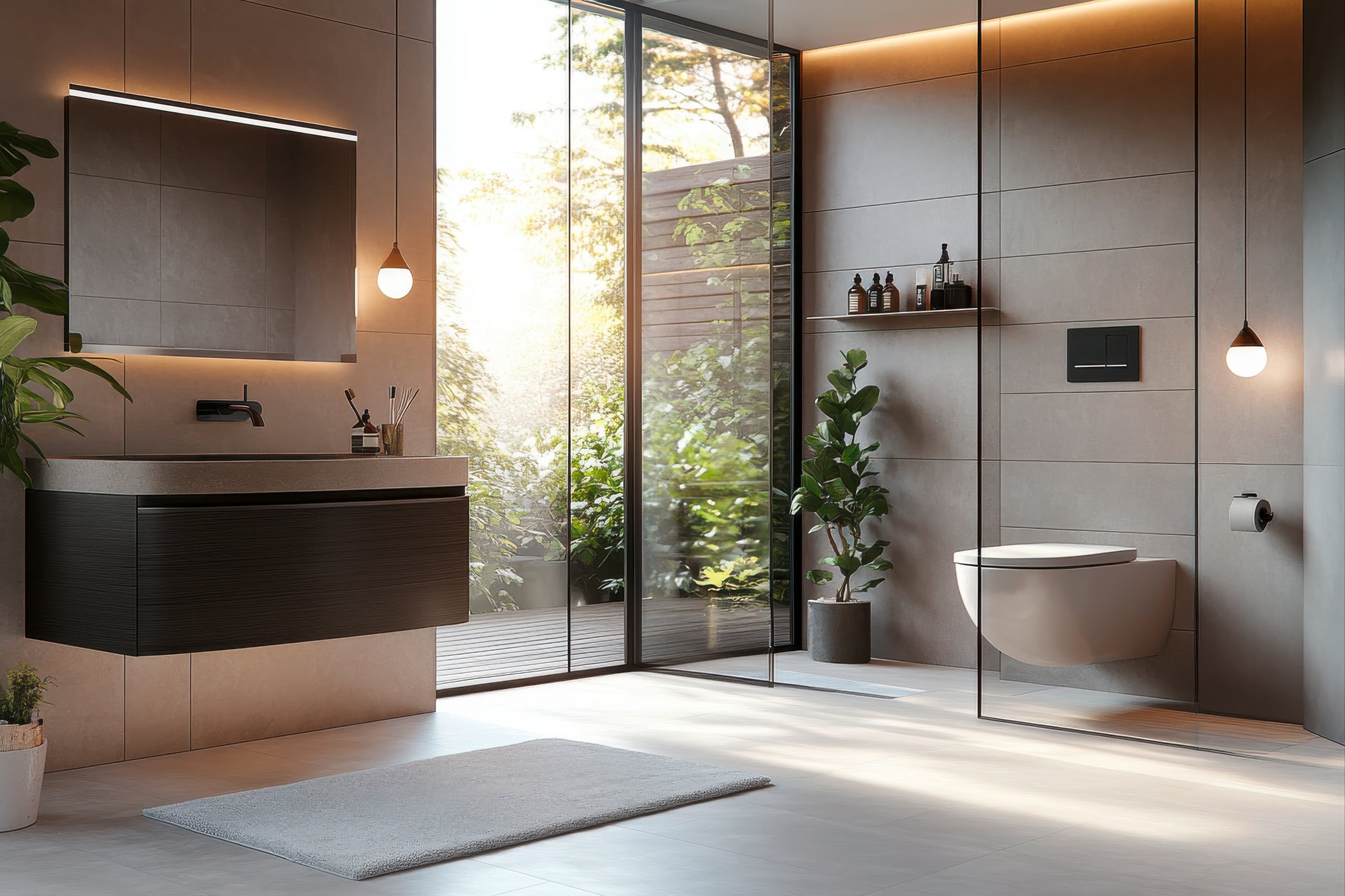 Modernes Badezimmer-Design, Innenraum, helle Umgebung, minimalistischer Blickwinkel.