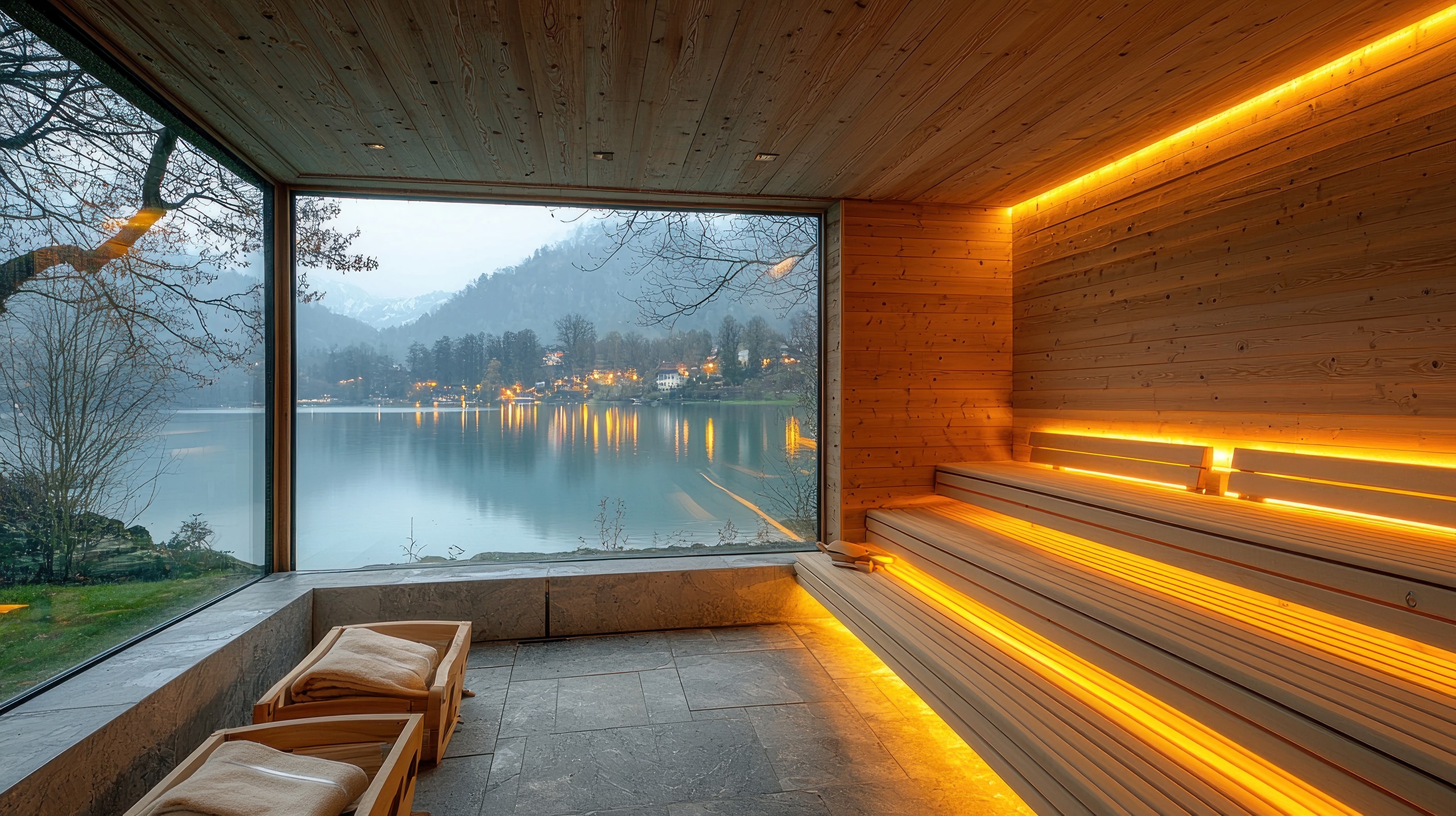 Moderne Holzsauna mit großflächiger Verglasung und herrlichem Blick auf den See in Abendstimmung.