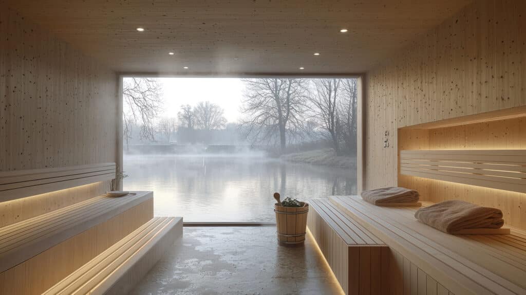 Ruhiger Sauna-Innenraum aus hellem Lärchenholz mit Blick ins Freie. Entspannung, Spa und Wellness-Nutzung.