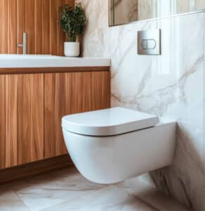 Modernes Badezimmer mit einer stilvollen Wandtoilette, eleganten Schränken und eleganten Marmorfliesen, die für ein klares und anspruchsvolles Aussehen sorgen.