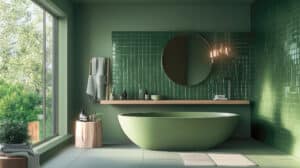 Ein Badezimmer-Interieur mit dillgrünen Fliesen und minimalistischen Armaturen.