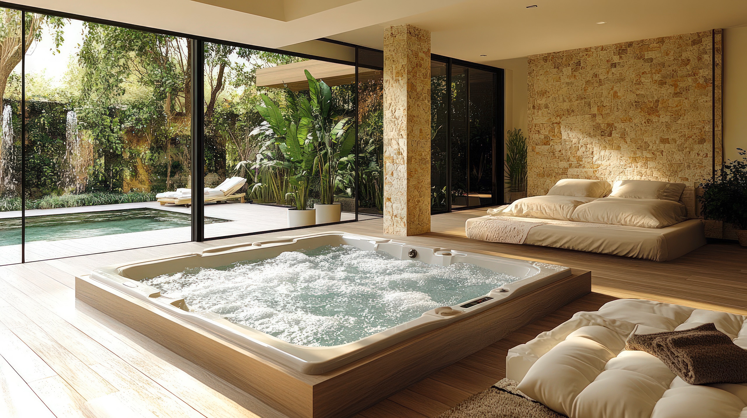 Luxuriöser Spa-Raum im Innenbereich mit sprudelndem Whirlpool, Natursteinwänden, großen Fenstern mit Blick auf einen üppigen Garten und bequemen Loungebereichen.