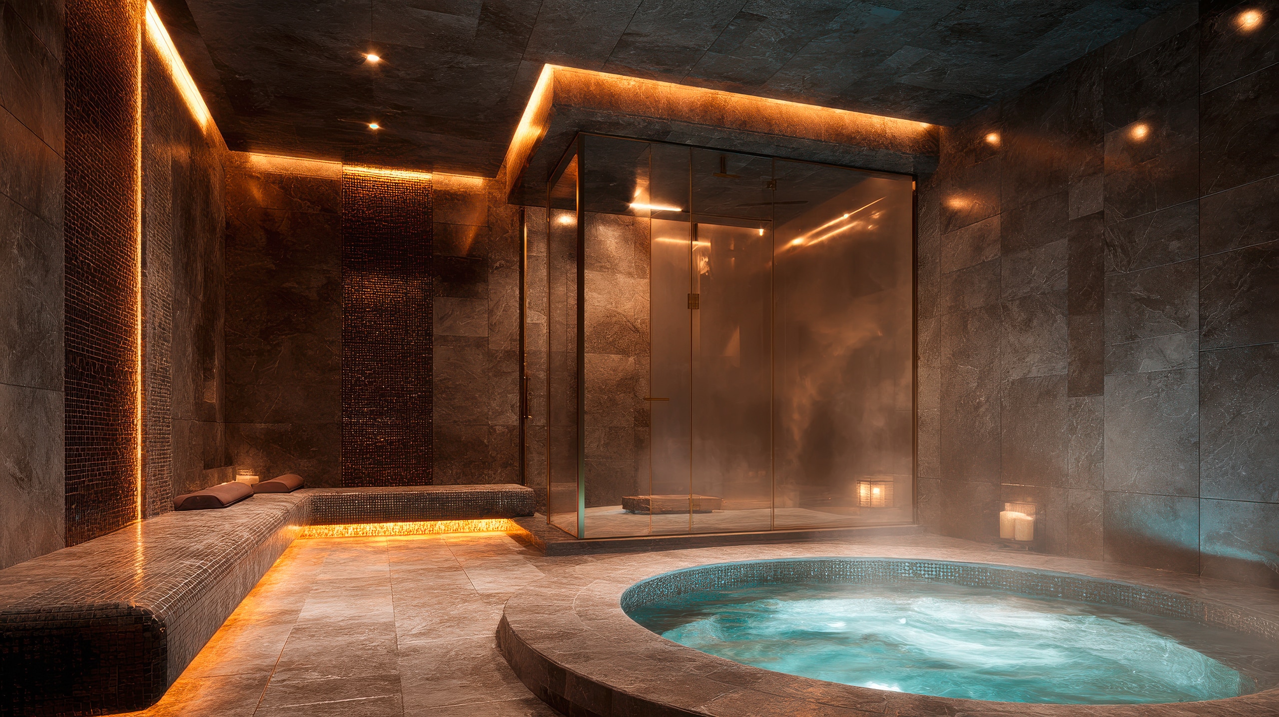 Spa mit Dampfbad und Whirlpool. Das Dampfbad ist beleuchtet und der Whirlpool ist mit Wasser gefüllt.