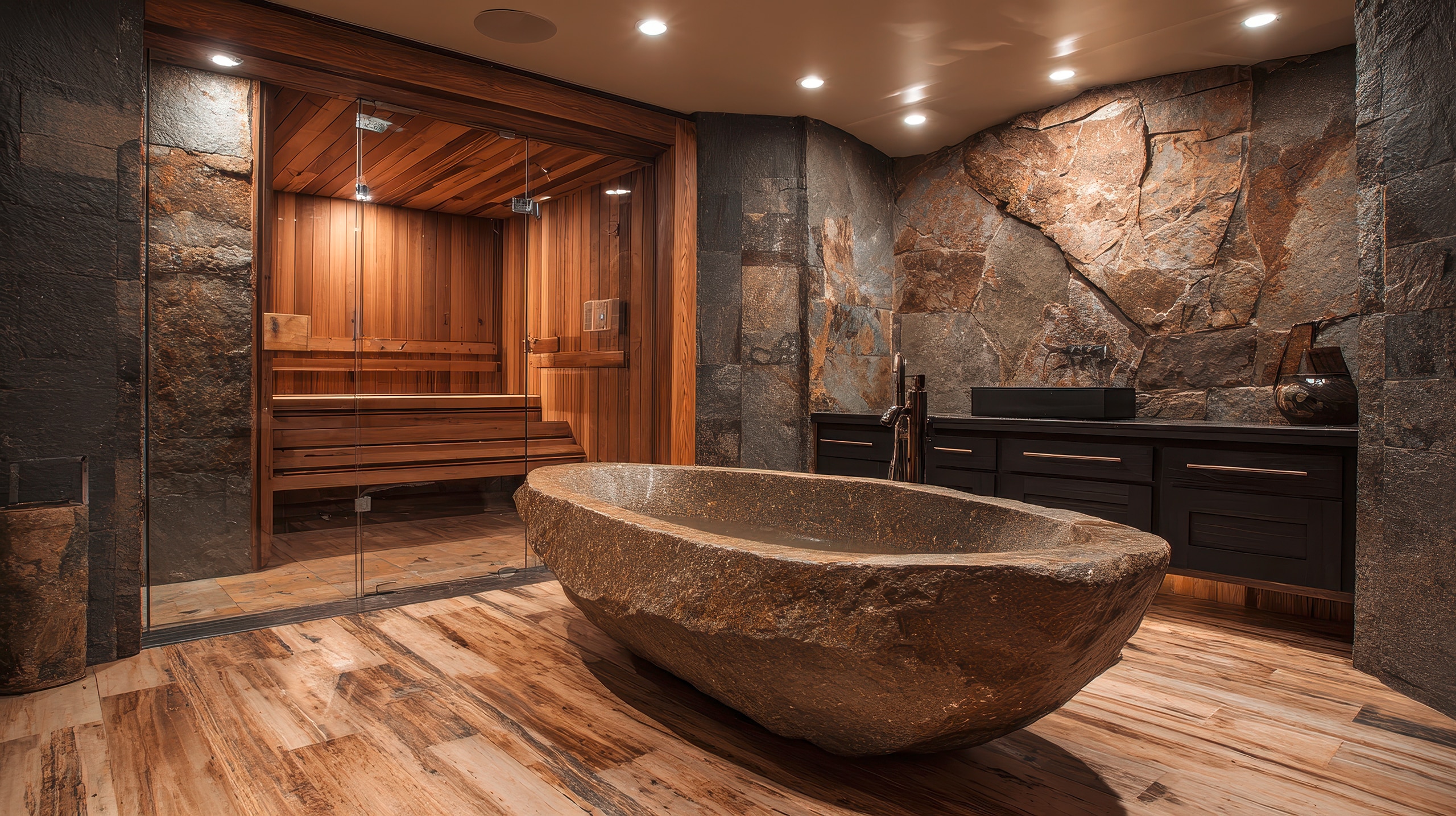 Luxuriöse Steinbadewanne im privaten Home Spa mit Finn-Sauna und modernem Interieur in Schwarz.