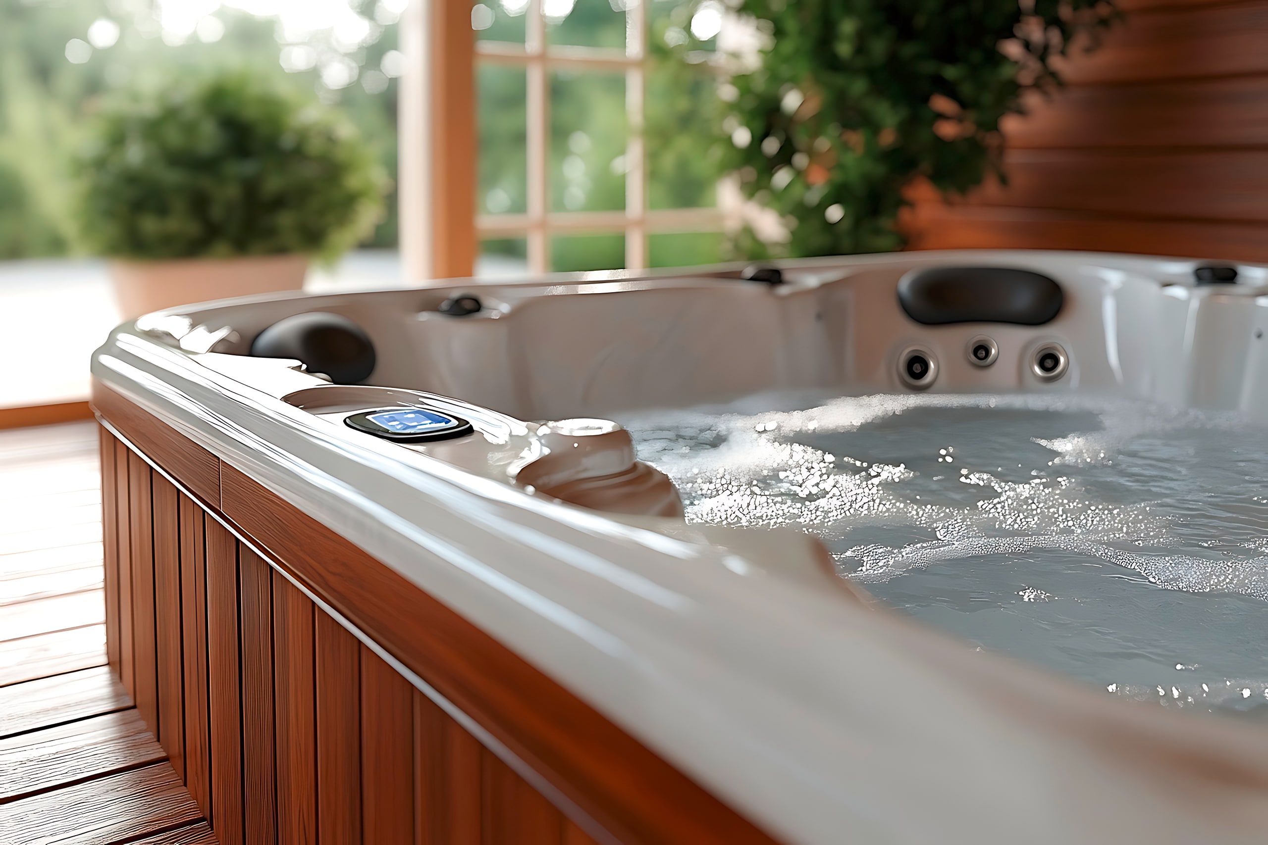 Detailfoto eines Indoor-Whirlpools mit sprudelndem Wasser und schemenhaften Blick in den Garten.