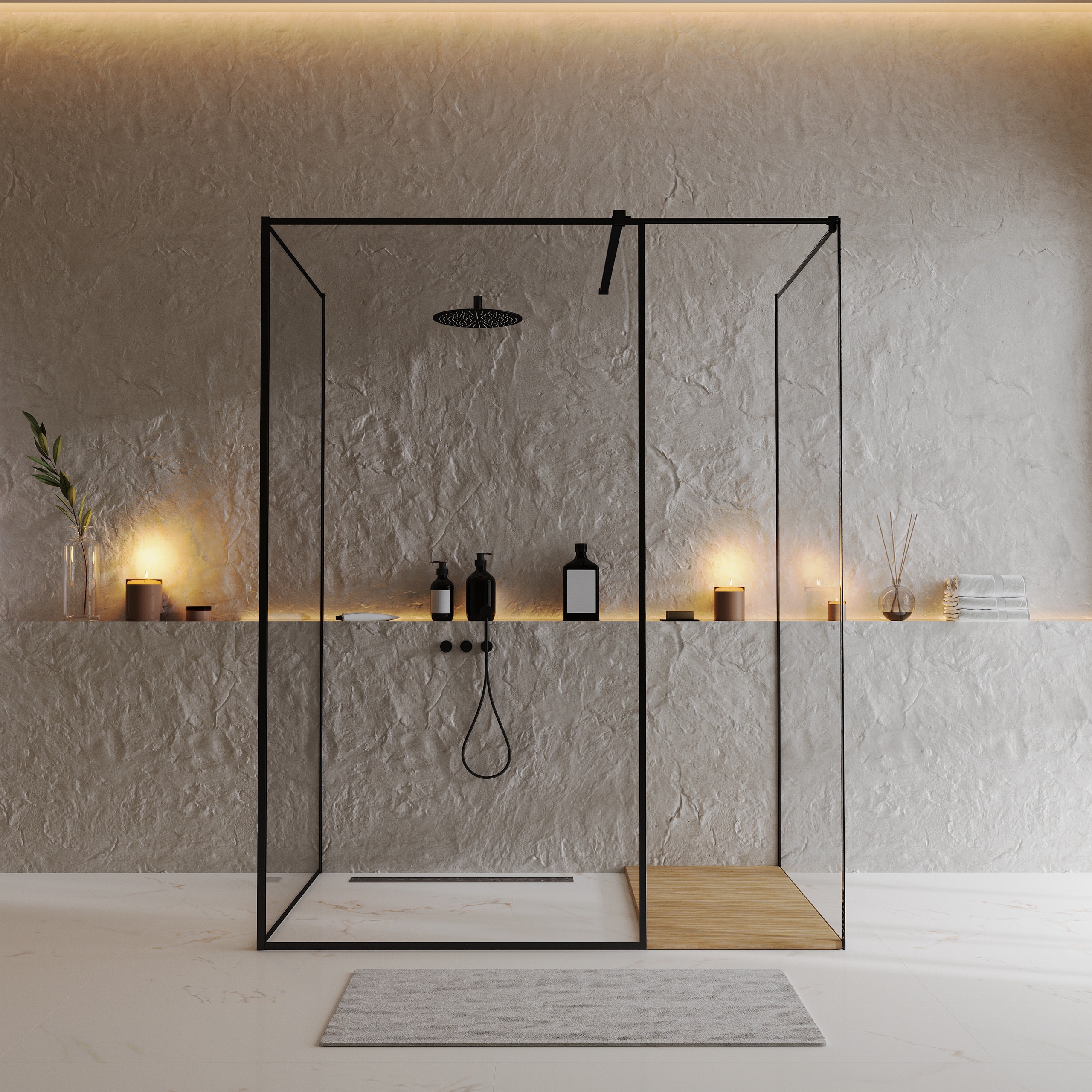 Luxuriöses Badezimmer mit einer großzügigen Duschkabine mit schwarzer, matter Einfassung und schwarzen Armaturen an einer grob gespachtelten Wand bei diffusem Licht.