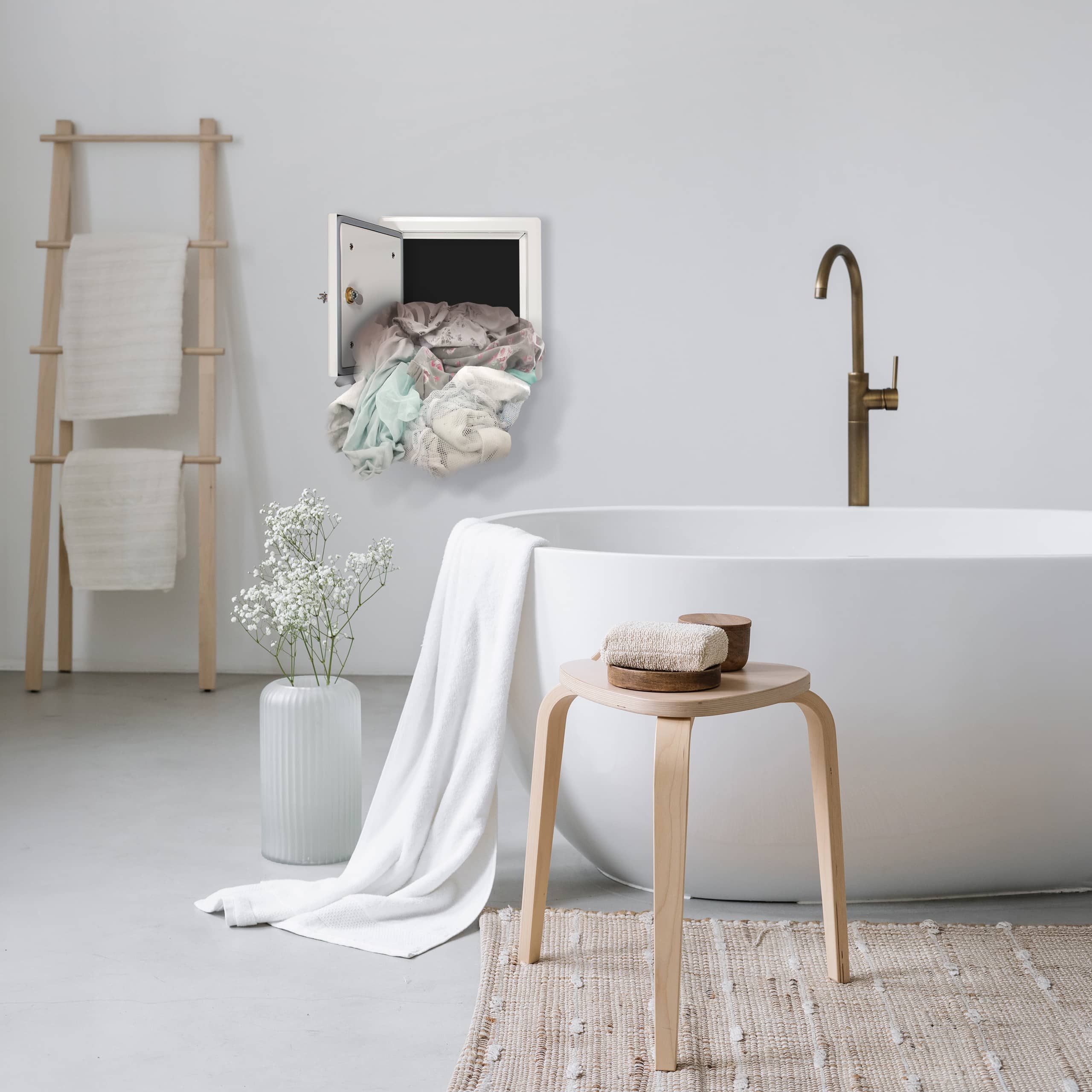 Detailansicht einer klassischen weißen Badewanne und Einrichtung in einem modernen Badezimmer, an der Rückwand befindet sich das Fallrohr bzw. der Abwurfschacht eines Wäscheabwurfsystems. - KI-generiert