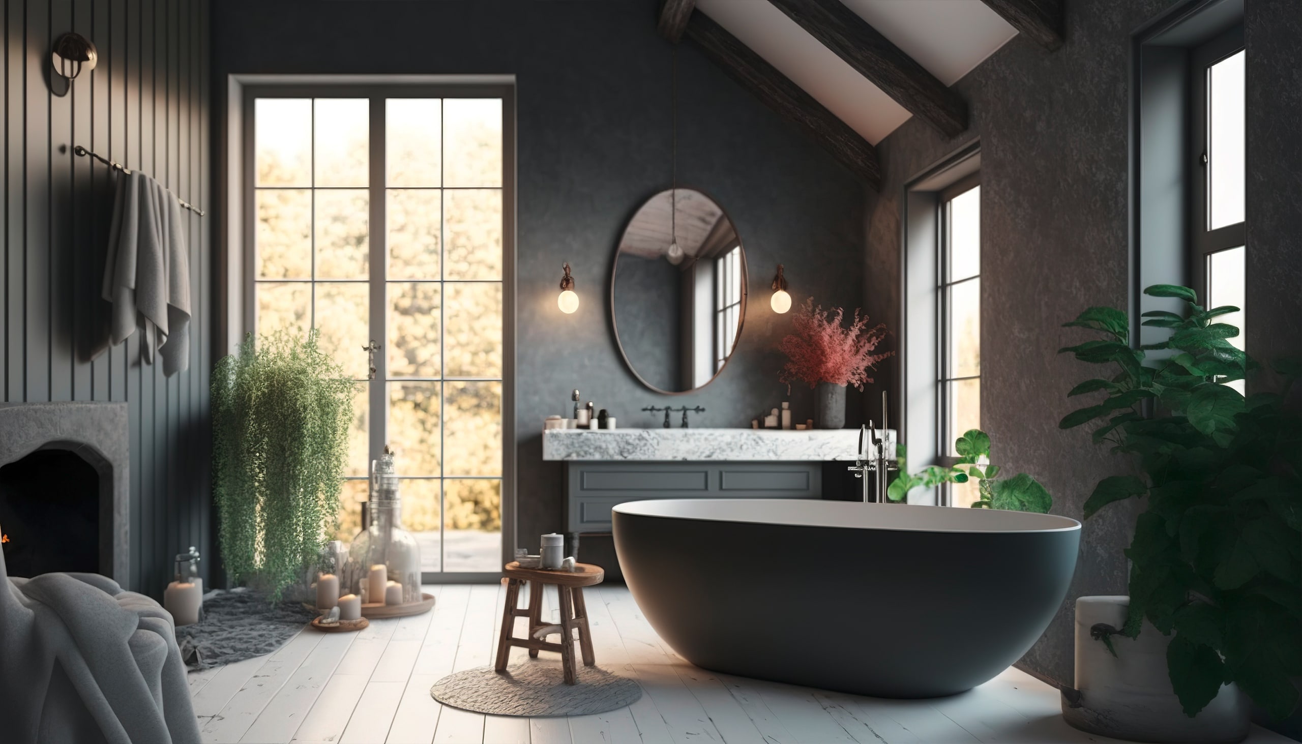 Badezimmer im skandinavischen Stil mit anthrazitfarbener Badewanne, Handtuch und großem Fenster. Der Raum ist in Anthrazit ausgemalt und erhält dadurch einen mystischen, eleganten Look.