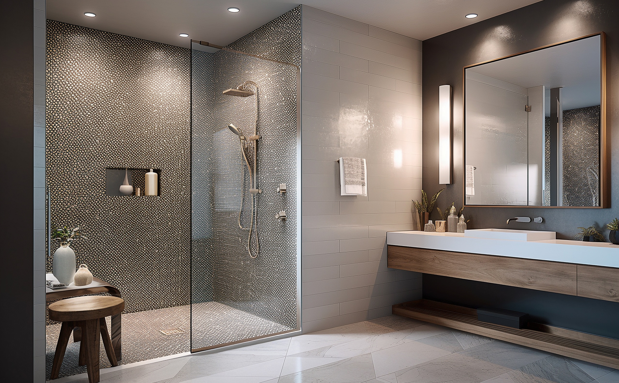 Moderne, geräumige Dusche aus Mosaiken mit Natursteinen und attraktigen Chrom-Akzenten.
