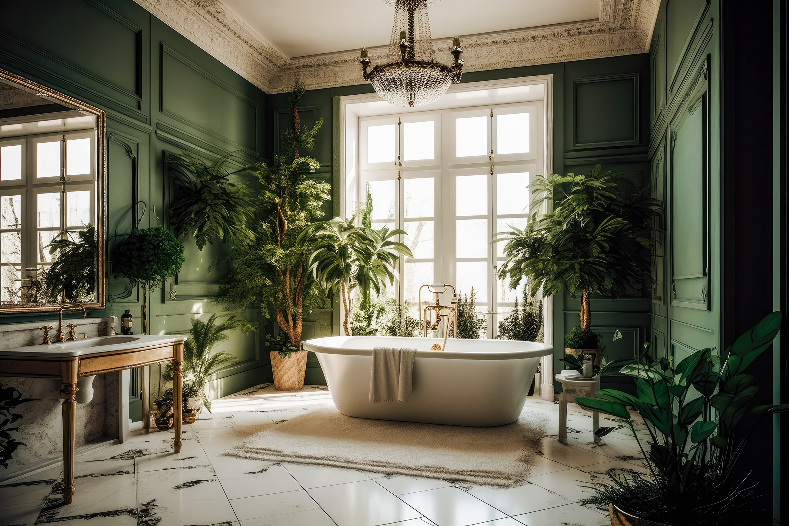 Atemberaubendes, luxuriöses Badezimmer im klassischen Stil mit grünen Wänden samt Stuck-Elementen und Ornamenten, weißer freistehender Badewanne mit goldfarbenen Armaturen und zahlreichen Pflanzen. Ein Kristalluster an der Decke unterstreicht das stilvolle Interieur. - KI-generiert