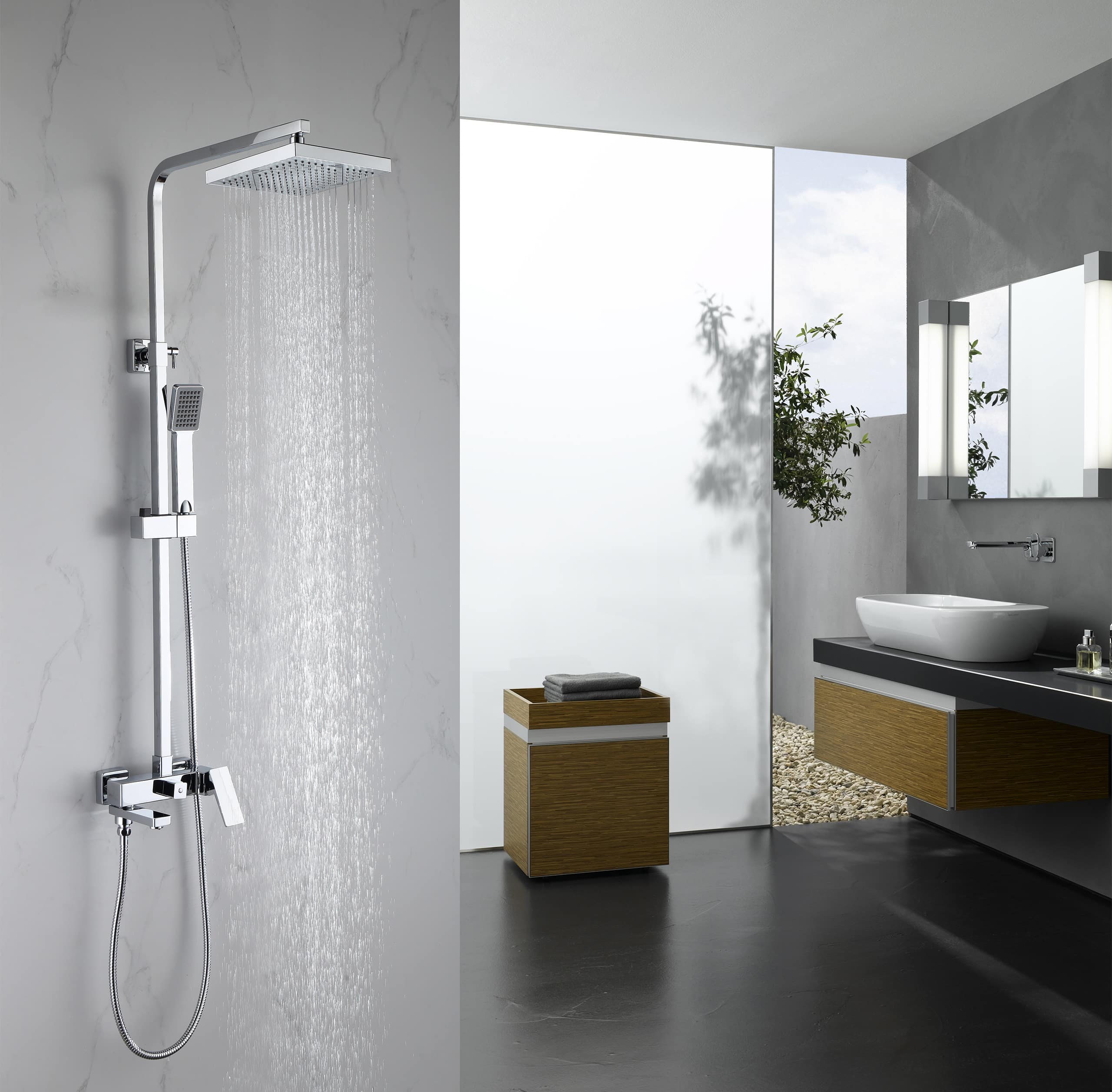 Heruntergeladen Luxuriöse, verchromte Dusche in einem modernen Marmorbad bzw. Badezimmer. Quadratischer Duschkopf mit perfektem Wasserfluss für entspannende Momente.