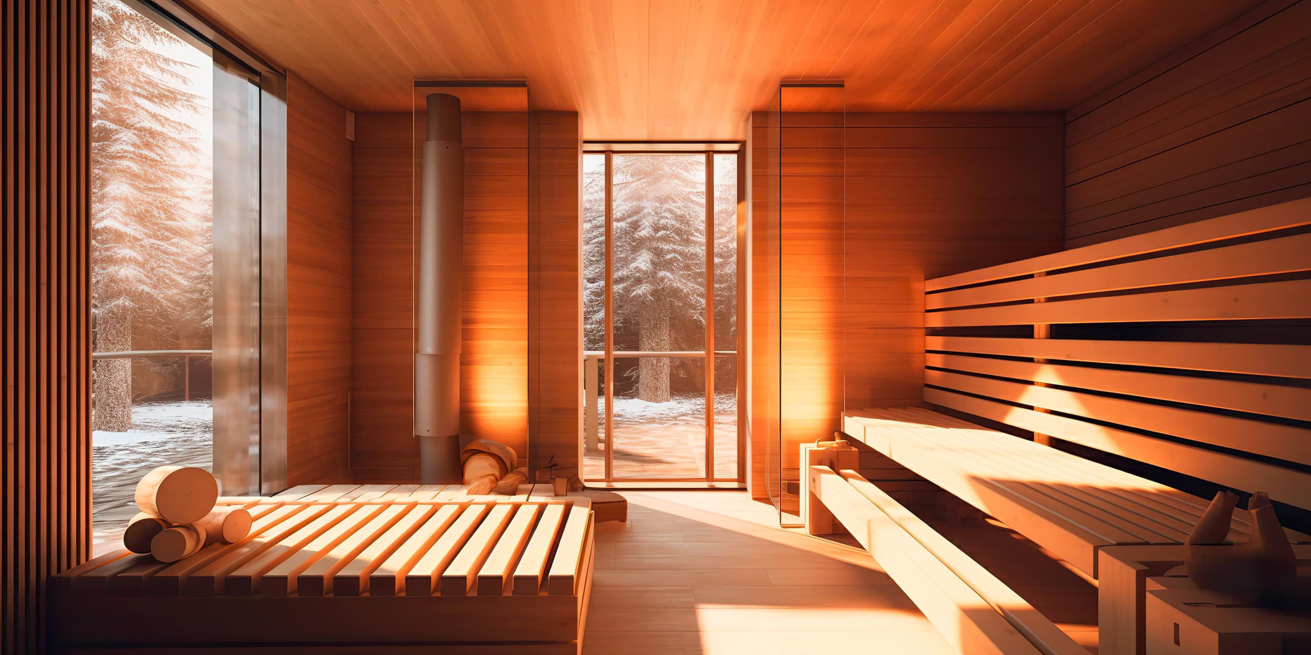 Moderne Sauna aus hellem Lärchenholz und großzügiger Verglasung mit Blick in den Wald.