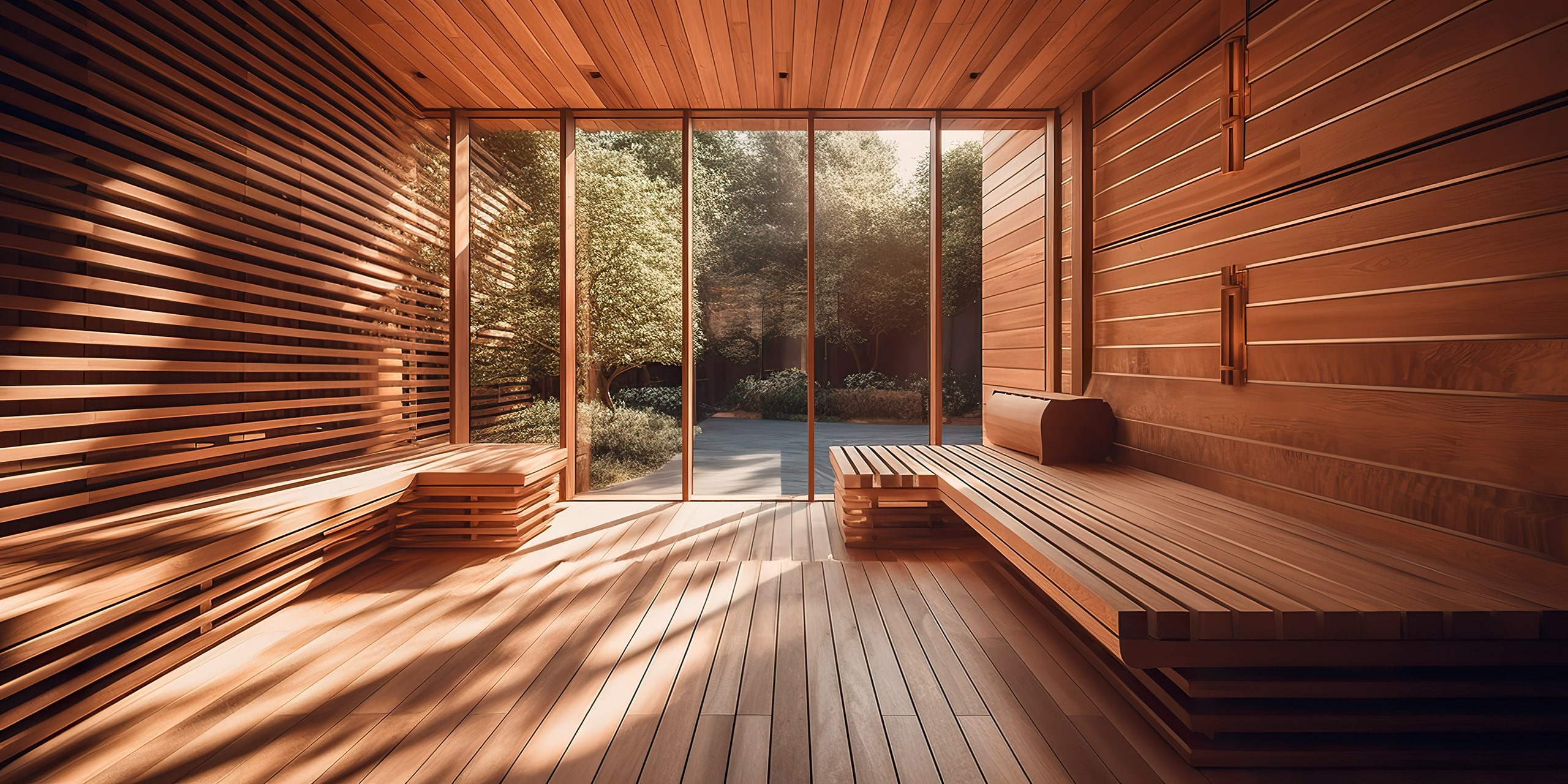 Moderne Sauna aus hellem Lärchenholz mit großzügiger Verglasung und Blick in den grünen Garten.