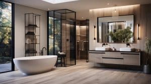 Elegantes, modernes Badezimmer mit einem minimalistischen weißen Waschtisch und coolen schwarzen Armaturen im Industrial-Style, einer großen Dusche und einer luxuriösen freistehenden Badewanne.