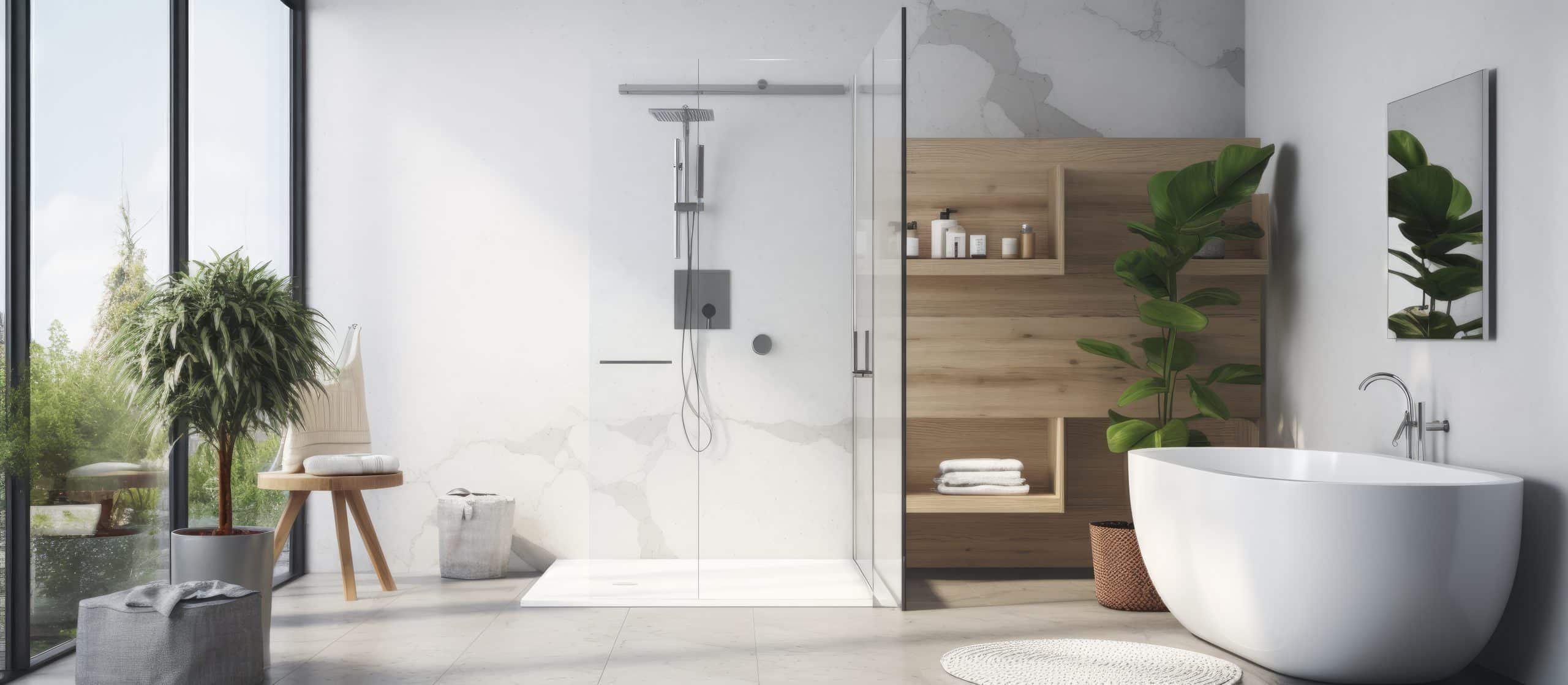 Modernes, helles Badezimmer mit eleganter, bodengleicher Duschkabine mit Regendusche, einer freistehenden Badewanne und ansprechenden Badmöbeln aus hellem Massivholz.
