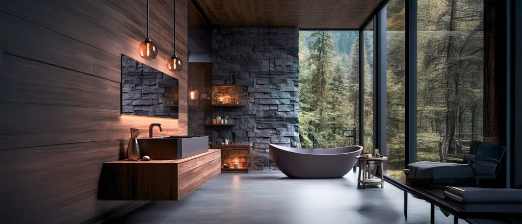 Dunkles, stilvolles Badezimmer mit schwarzer Badewanne, dahinter liegender Steinmauer und Panoramablick auf den Wald.