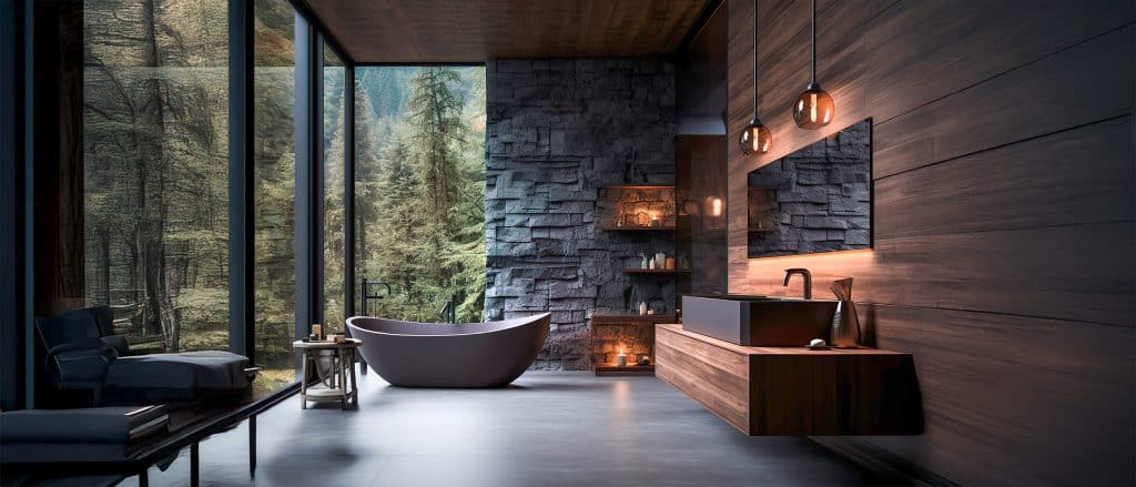 Dunkles, stilvoll modernes Badezimmer mit schwarzer, freistehender Badewanne und schwarzem Waschbecken und moderner Armatur sowie Steinwand in dunklem Schiefer und Panoramablick durch die Ganzglas-Schiebefenster auf den Wald.