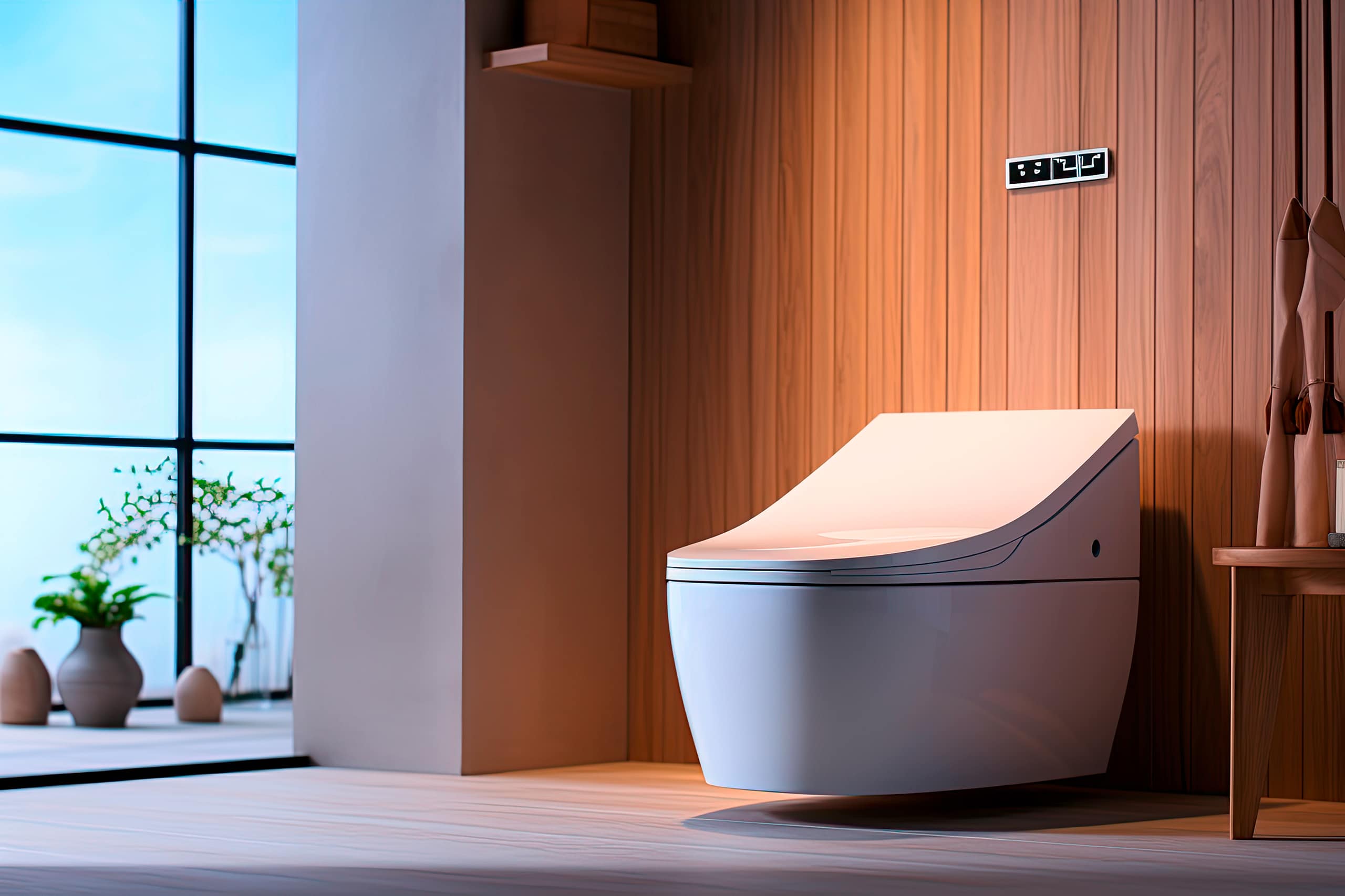 Modernes Dusch-WCs (auch Washlets oder Duschtoiletten genannt) in einem ansprechendem Badezimmer.