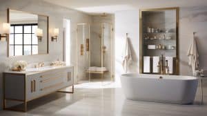 Modernes Badezimmer mit großzügiger, ebenerdiger Dusche, einem Doppelwaschtisch und freistehnder Badewanne. Die Wände und der Boden sind mit Marmor gefliest und die goldenen Armaturen sorgen für einen Hauch von Luxus.