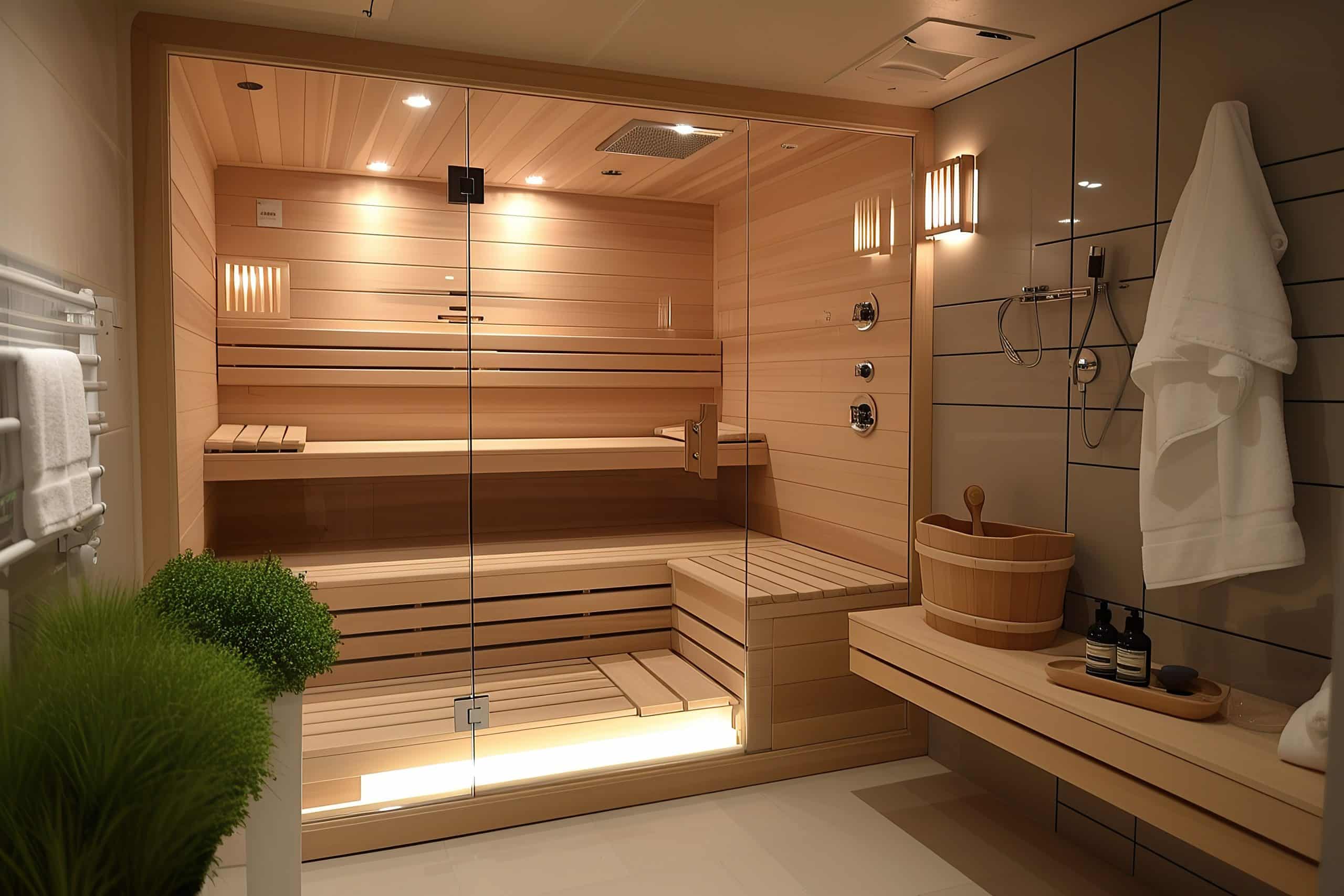 Moderne, elektrische Holzsauna mit Glasfront für 2 Personen für das Home-Spa Zuhause.