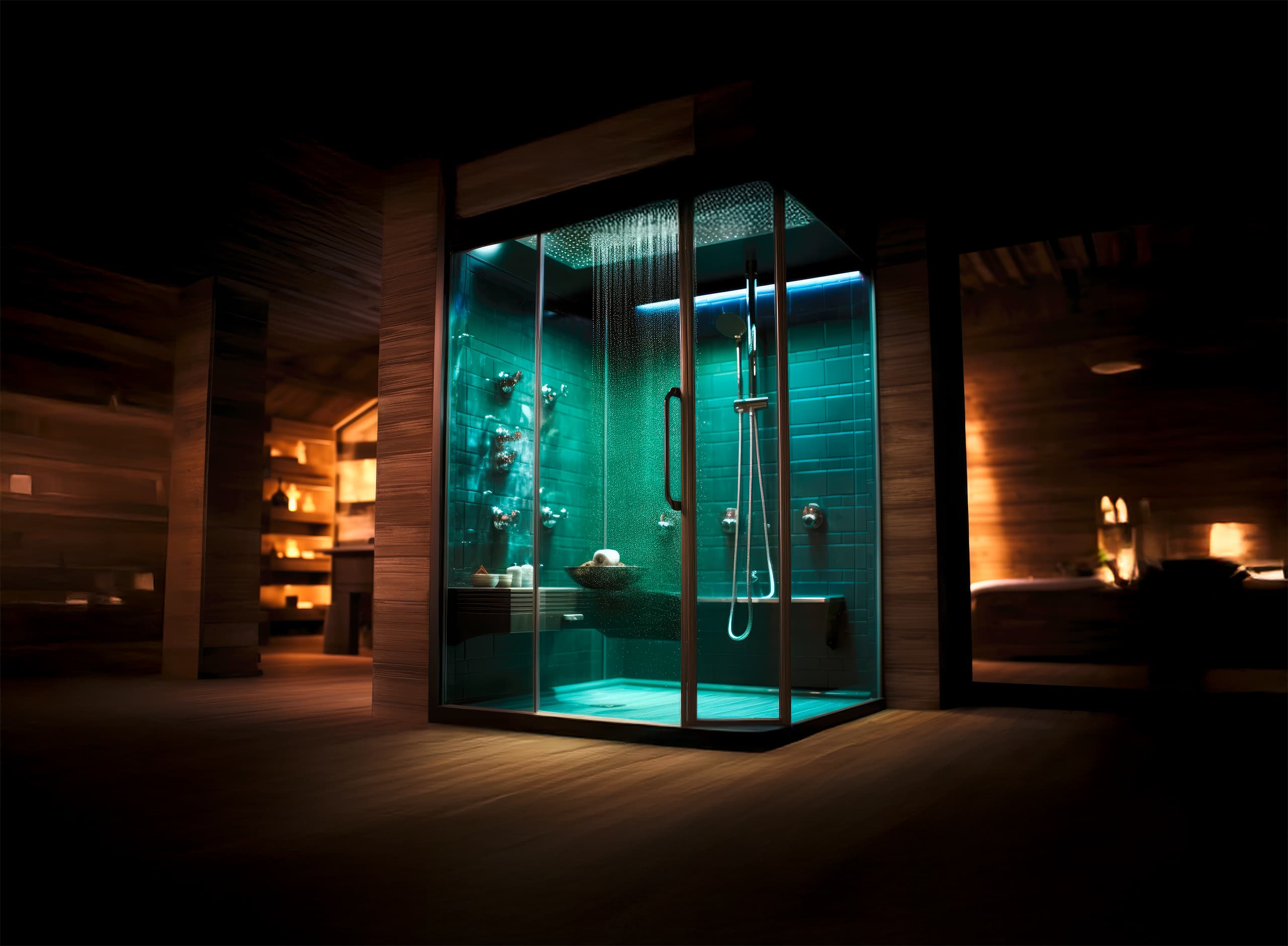 Moderne Duschkabine mit Hydromassage-Panel und Dampffunktion für Spa-Behandlungen im Wellnessbereich.