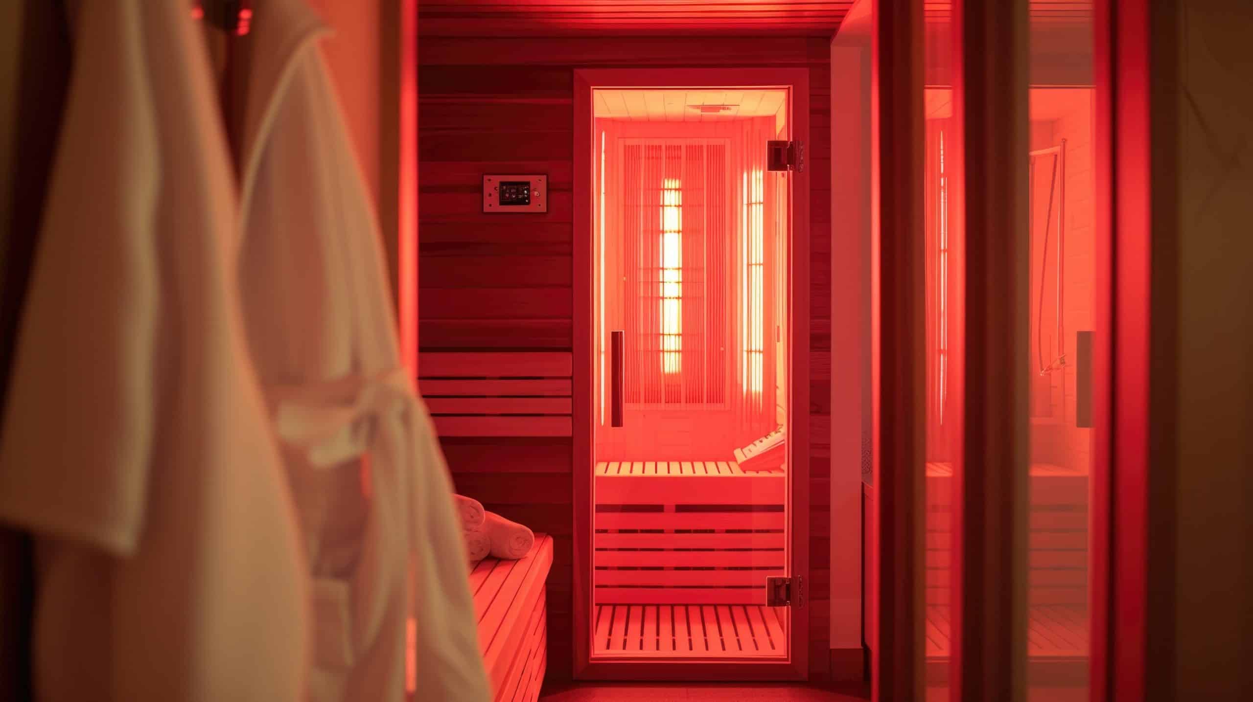 Moderne Infrarotsauna-Kabine in einem Wellnessraum. bzw. Home-Spa mit Dampfsaunaraum in Holzausstattung.