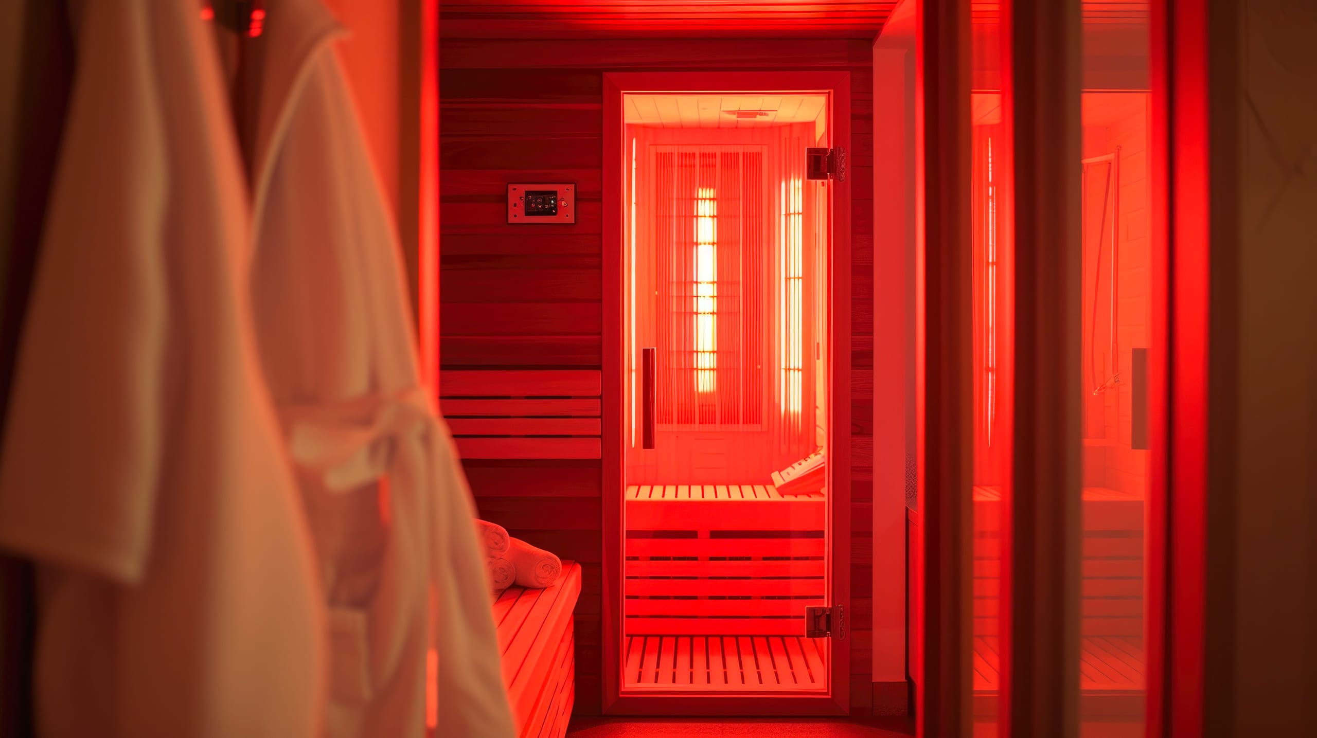 Moderne Infrarotsauna-Kabine in einem Wellnessraum. bzw. Home-Spa mit Dampfsaunaraum in Holzausstattung.