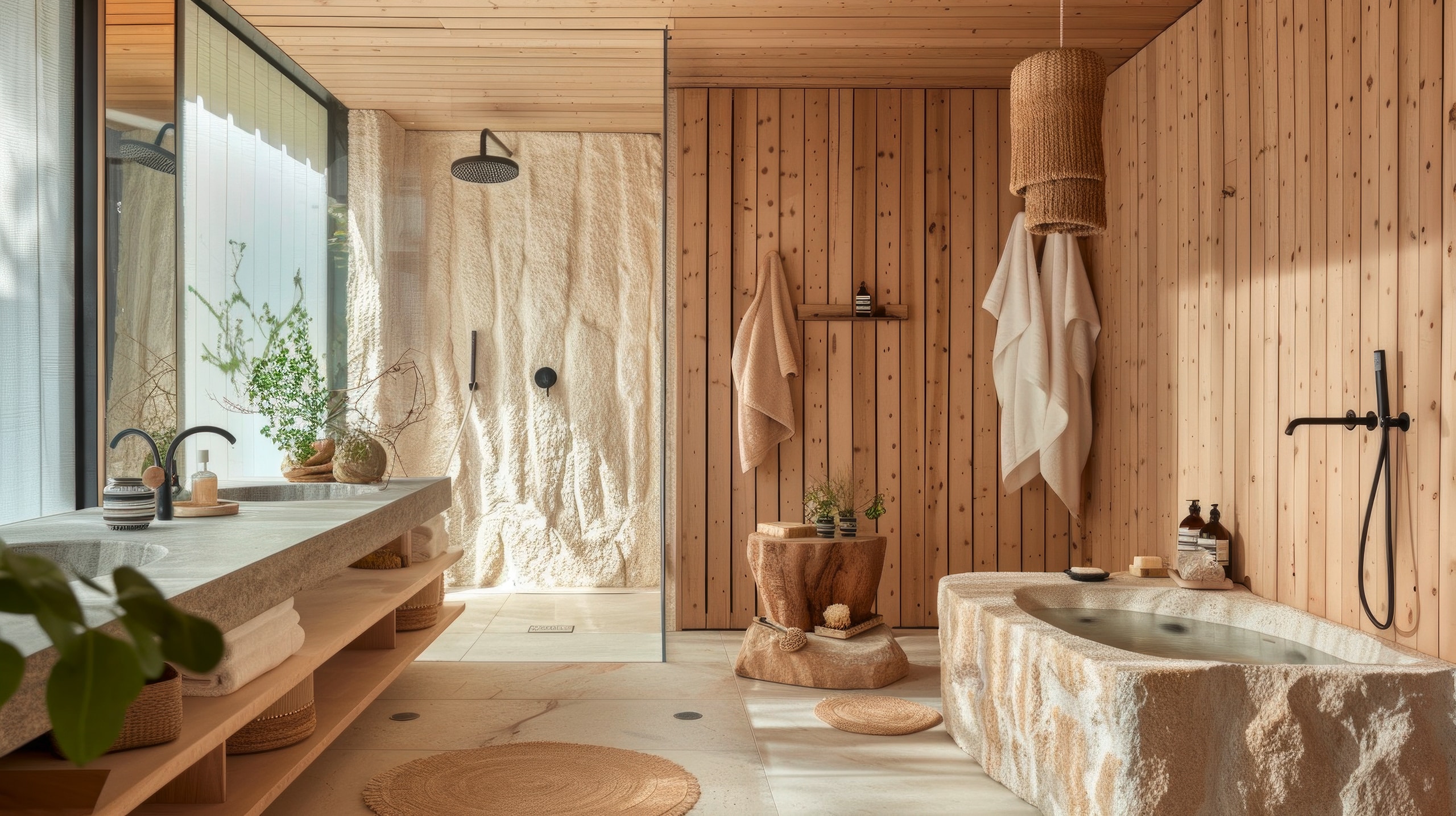 Skandinavisches Spa-Badezimmer mit hellen Holzsaunawänden, einer Regendusche und einem Whirlpool aus Zedernholz für ein nordisches Wellness-Erlebnis.