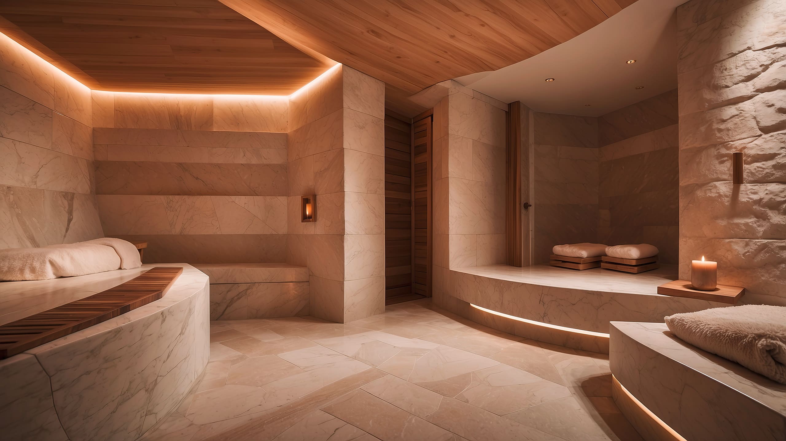 Luxuriöses Badehaus mit Hamam, Sauna und Ruhebereich aus hochwertigem Naturstein.
