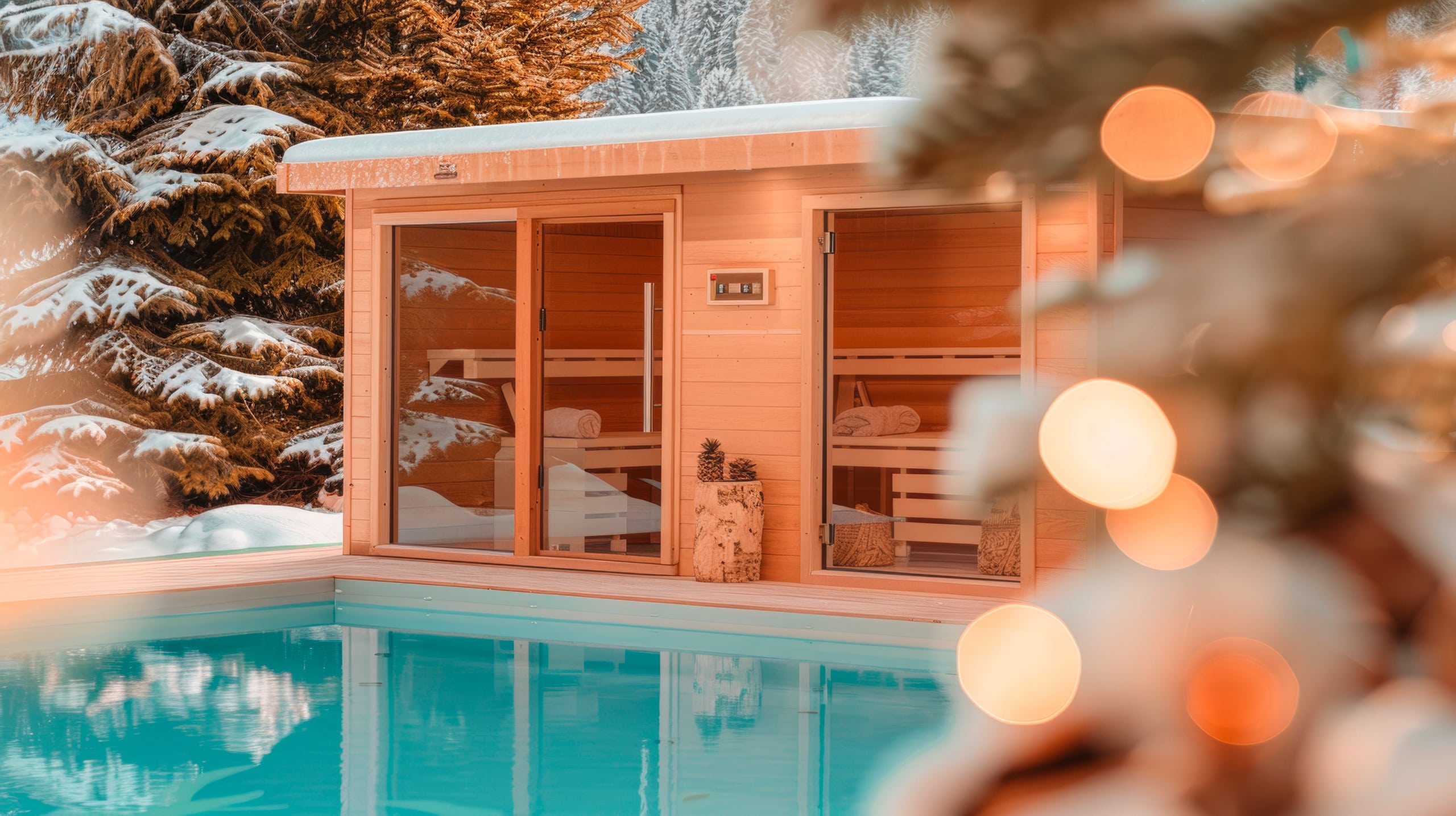 Gemütliches Sauna-Erlebnis in der Finnischen Sauna im Freien, bei Sonnenuntergang am Pool entspannen, umgeben von verschneiten Wäldern.