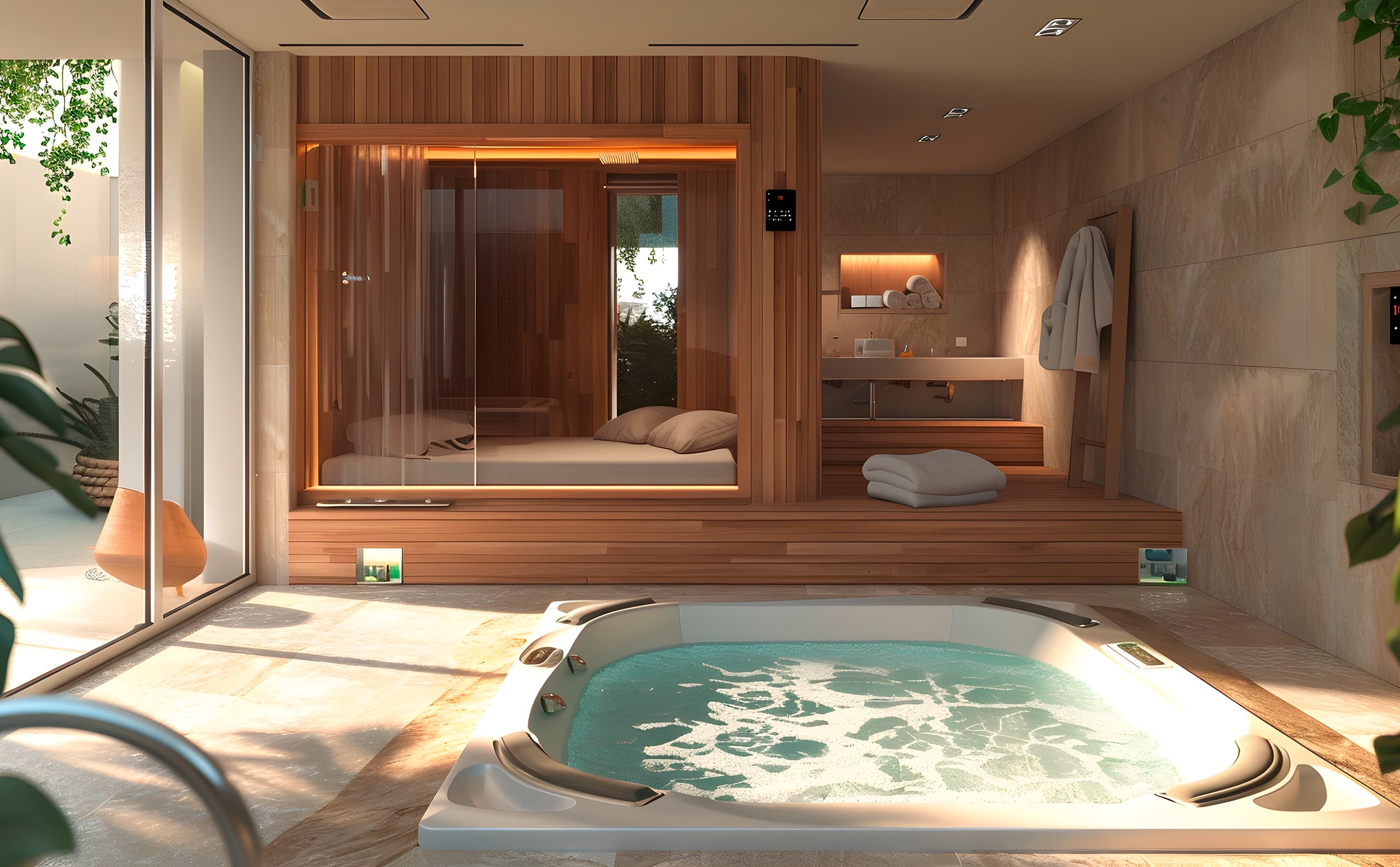 Modernes Spa-Badezimmer mit Whirlpool und Sauna.